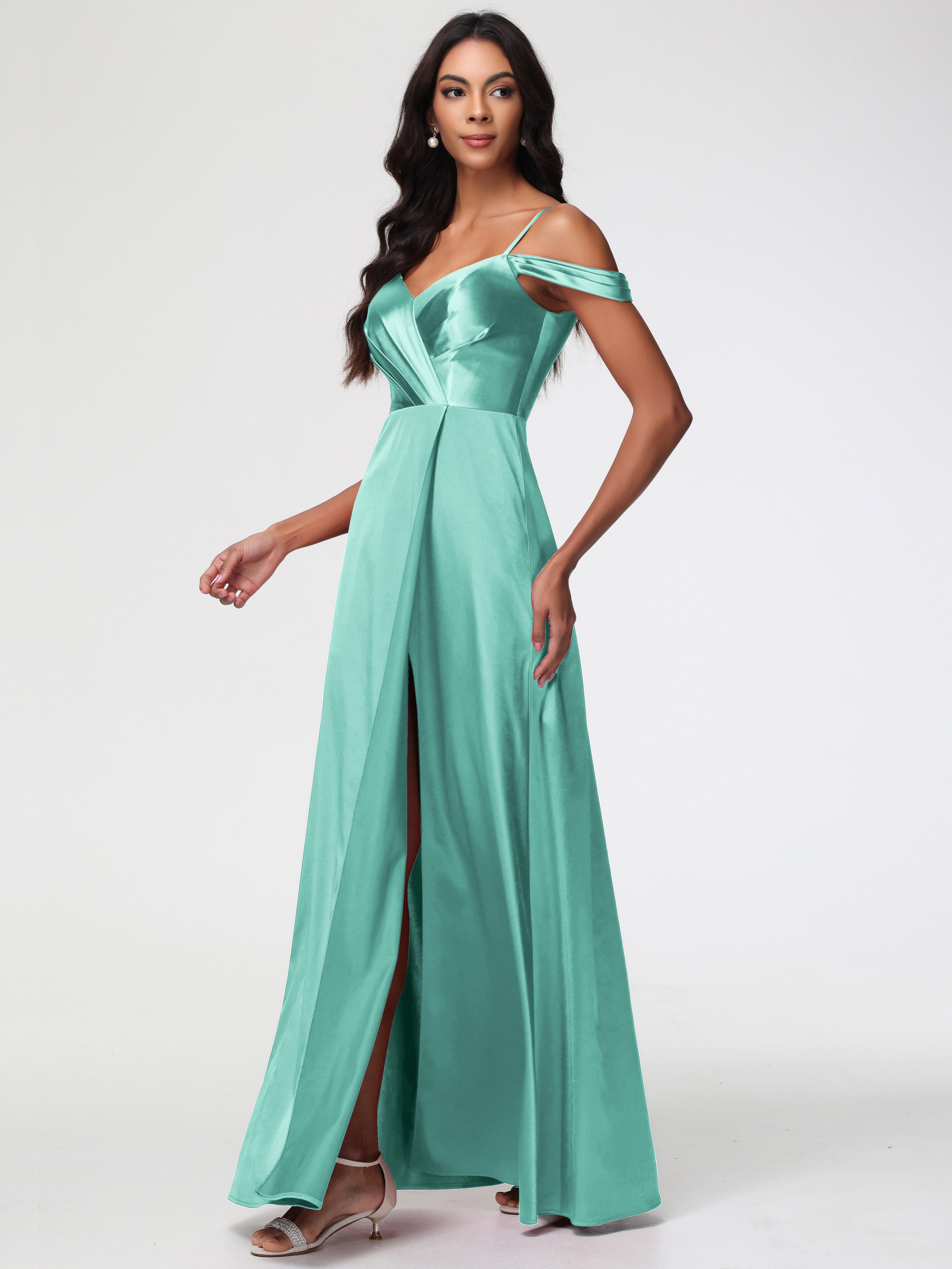 Robes De Demoiselle D'Honneur Vert Menthe Satin Extensible Robe Trapèze Demoiselle D'Honneur Épaule Dénudée