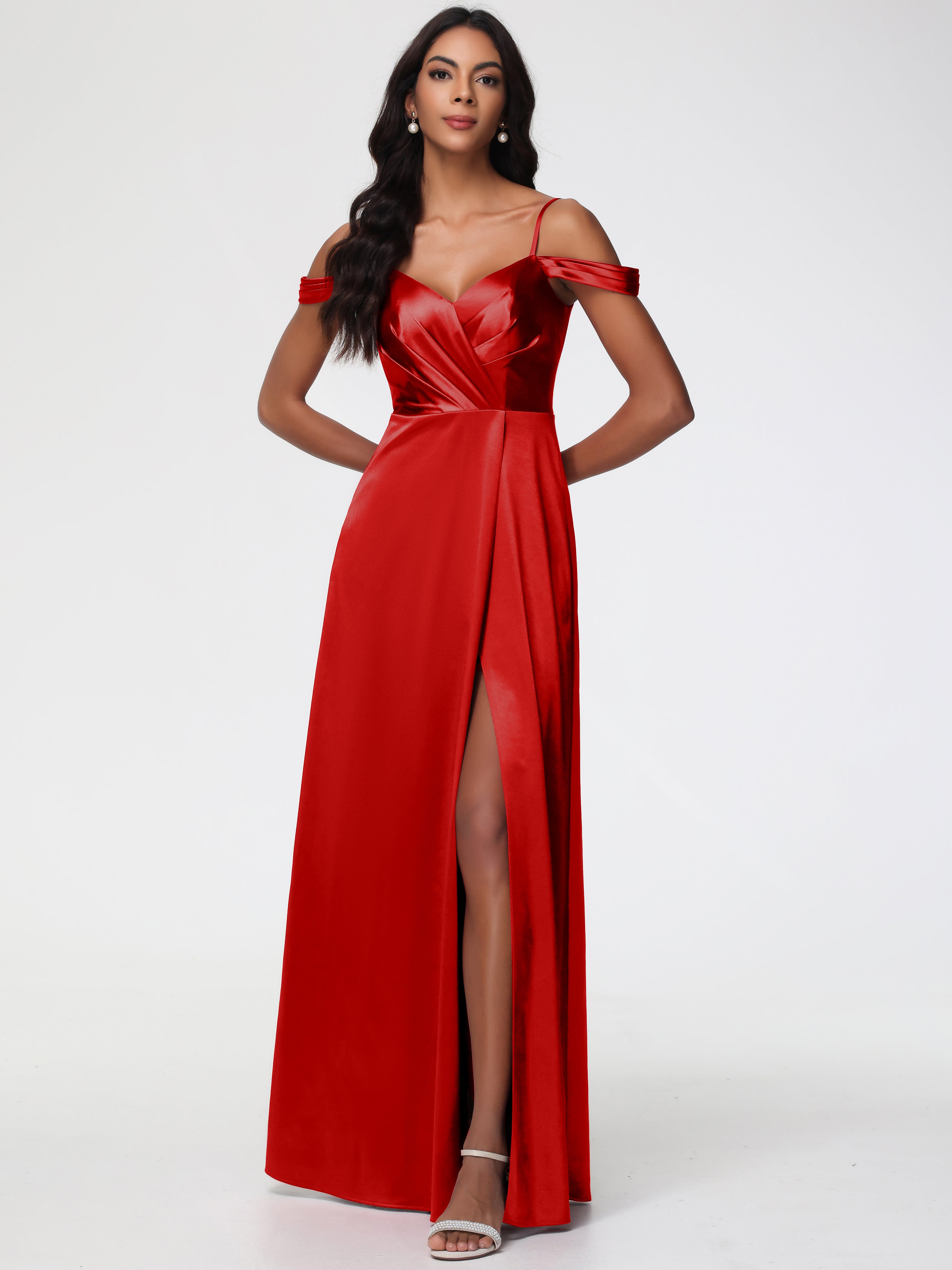 Rouge Robe Demoiselle D Honneur Chic Satin Extensible Robe Trapèze Demoiselle D'Honneur Épaule Dénudée