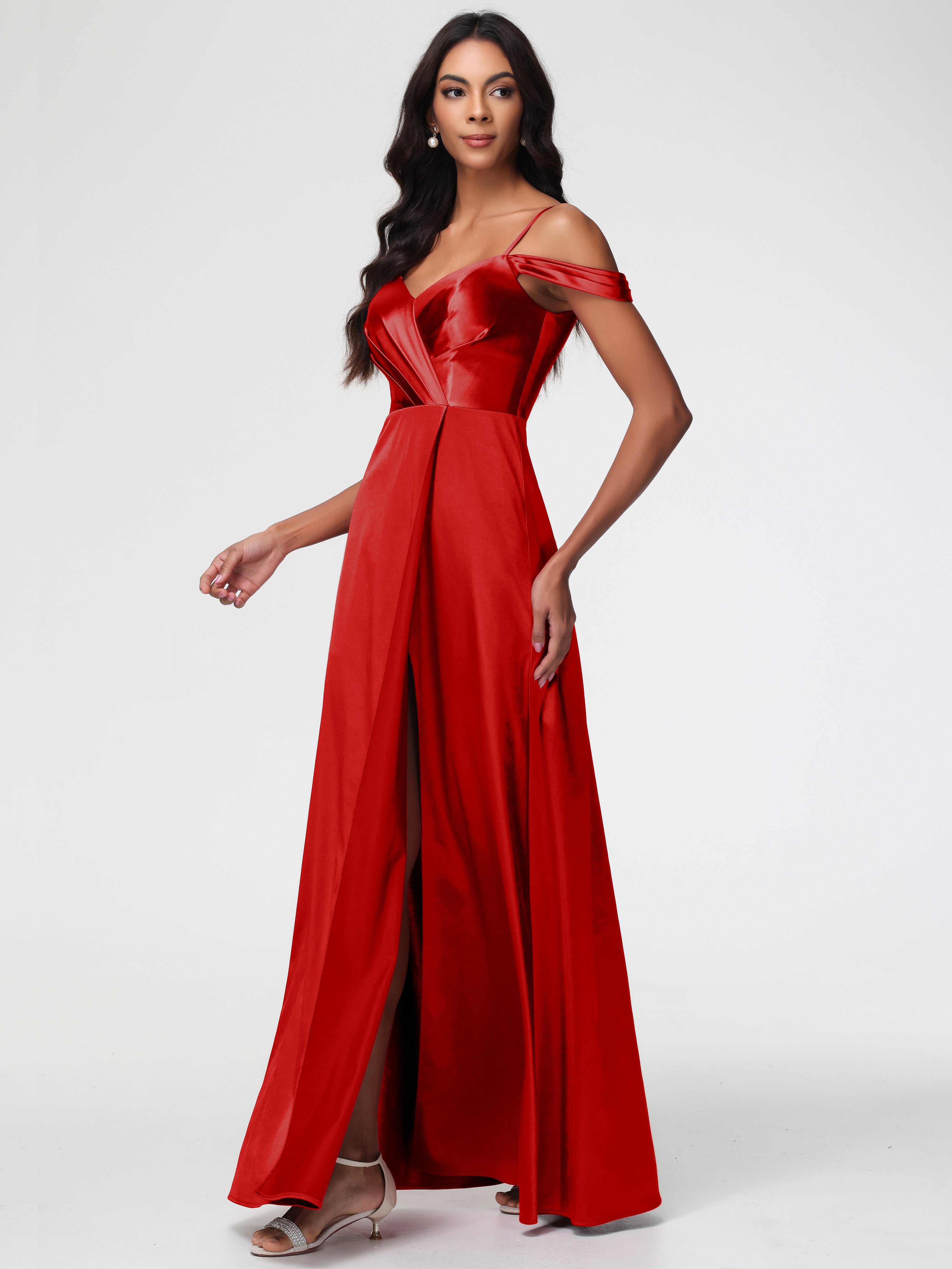 Rouge Robe Demoiselle D Honneur Chic Satin Extensible Robe Trapèze Demoiselle D'Honneur Épaule Dénudée