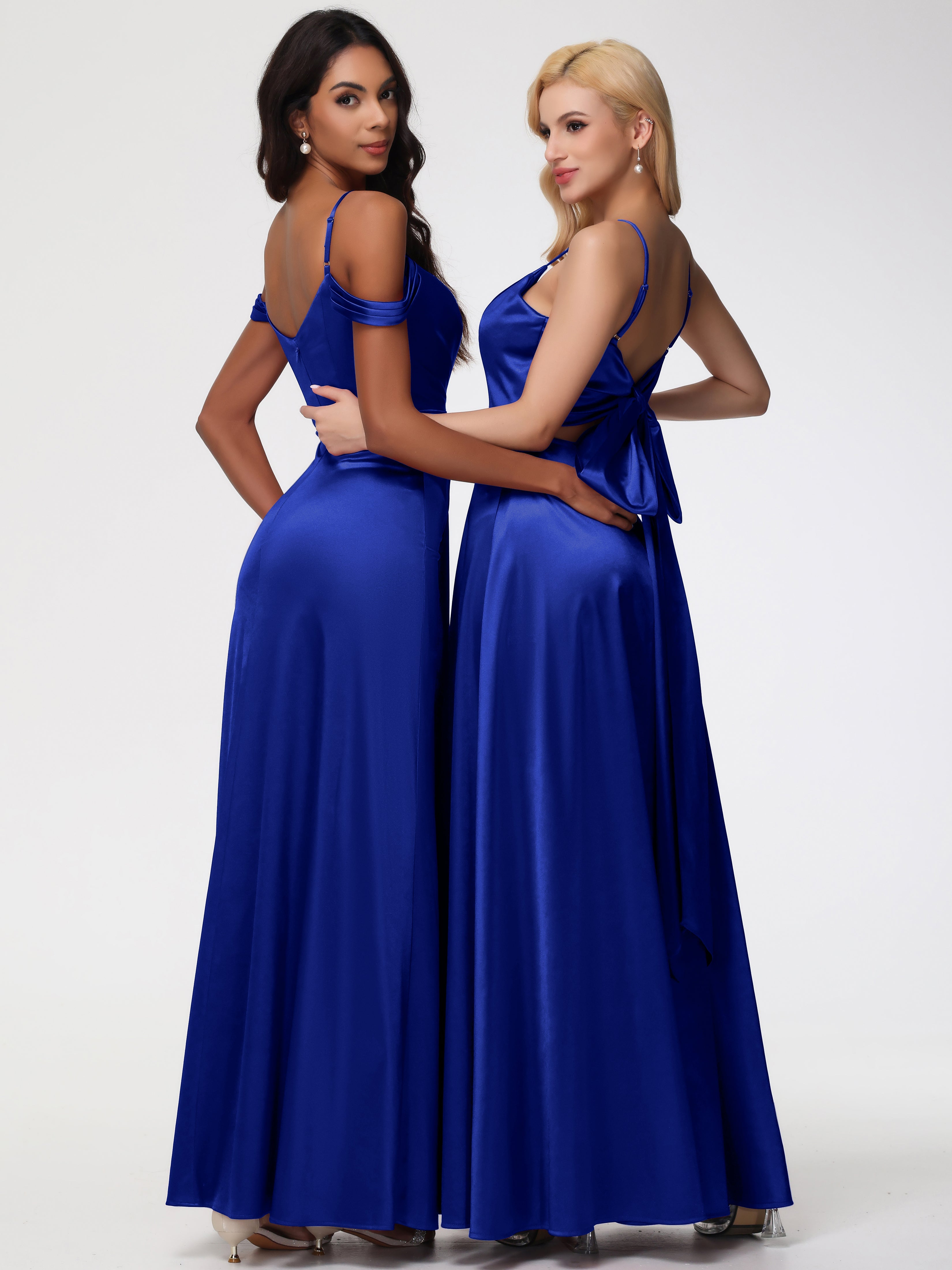 Robes De Demoiselle D'Honneur Bleu Royal Longues Satin Extensible Robe Trapèze Demoiselle D'Honneur Épaule Dénudée