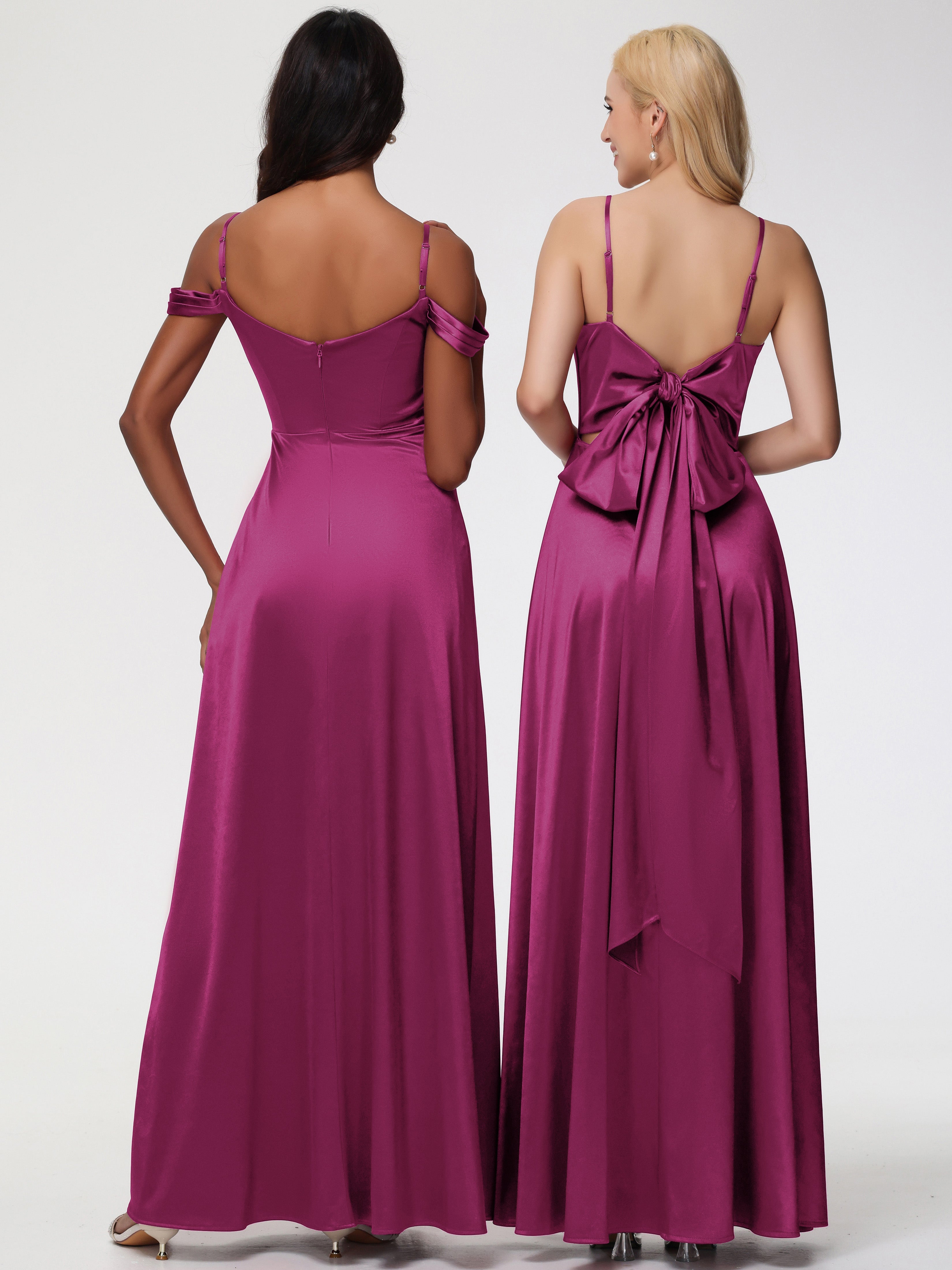 Robes De Demoiselle D'Honneur Rose Fuchsia Couleur Col V Trapèze Fendue Satin Extensible Robe De Demoiselle D'Honneur Robe à Lacets