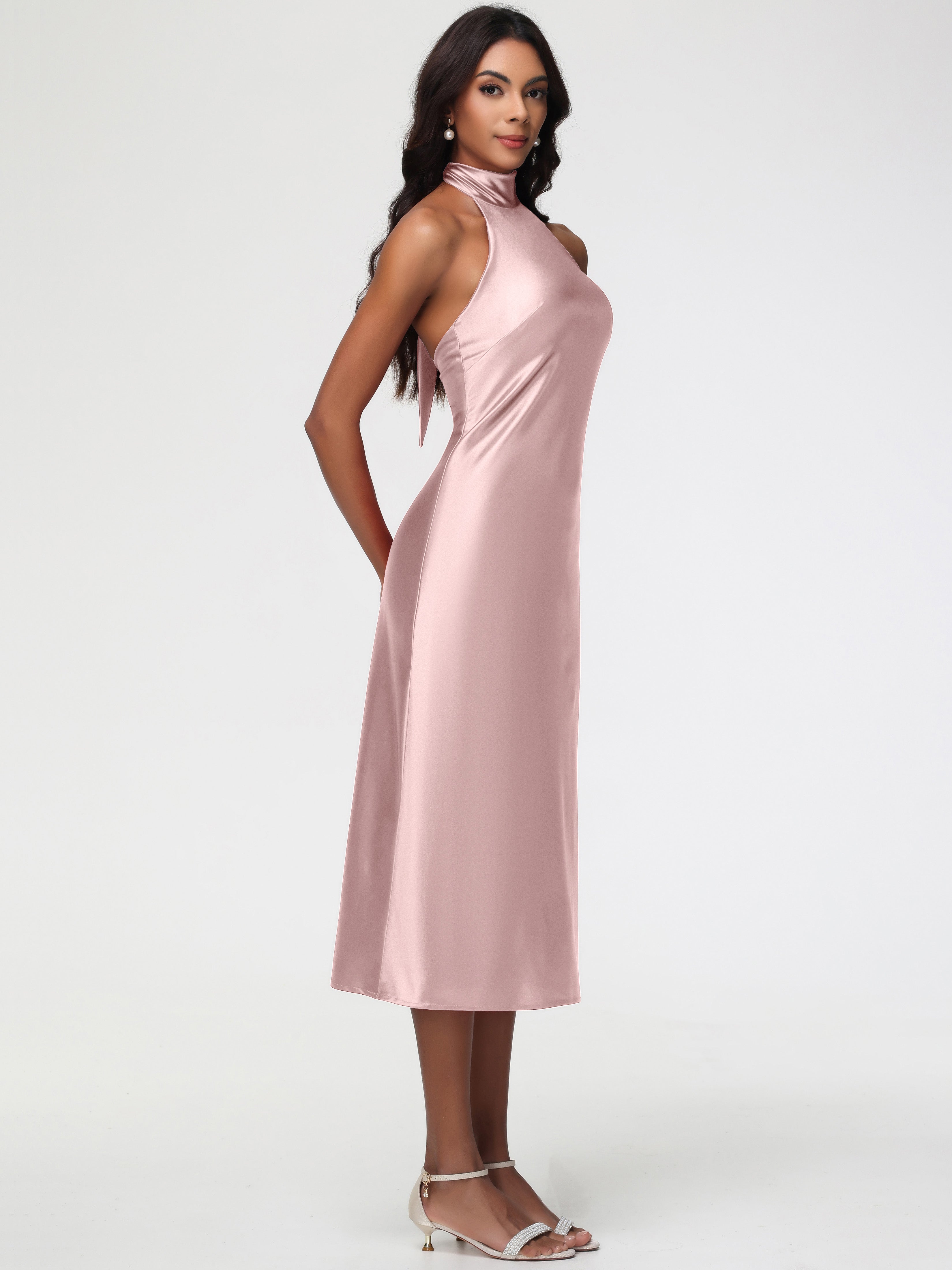 Demoiselle Temoin Robe Rose Poudré Mariage Licou Satin Extensible Robe Trapèze Demoiselle D'Honneur Mi Longue