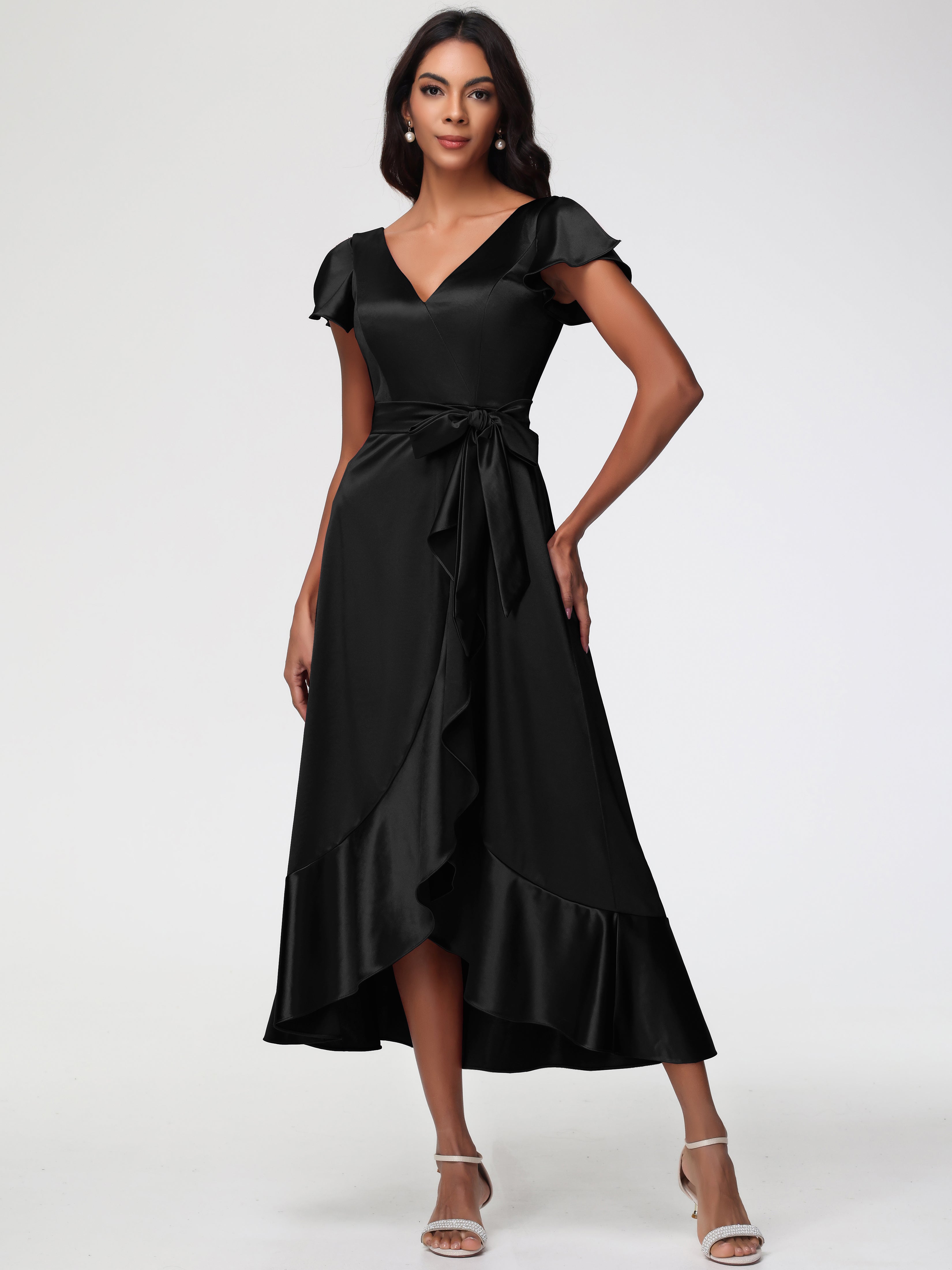 Robes De Demoiselle D'Honneur Noires Asymétrique Col V Trapèze Satin Extensible Mi-Longue Robe De Demoiselle D'Honneur