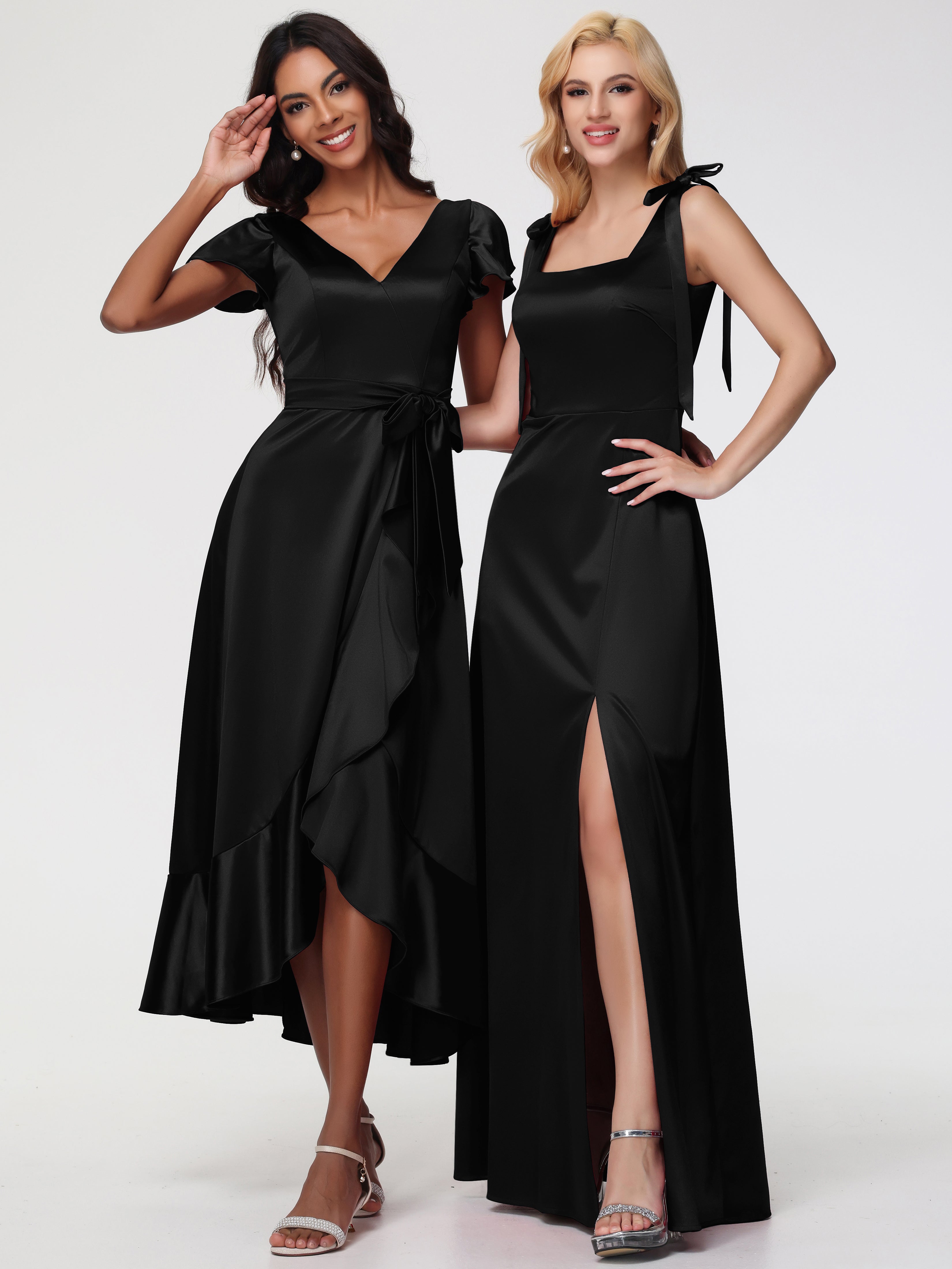 Robes De Demoiselle D'Honneur Noires Asymétrique Col V Trapèze Satin Extensible Mi-Longue Robe De Demoiselle D'Honneur