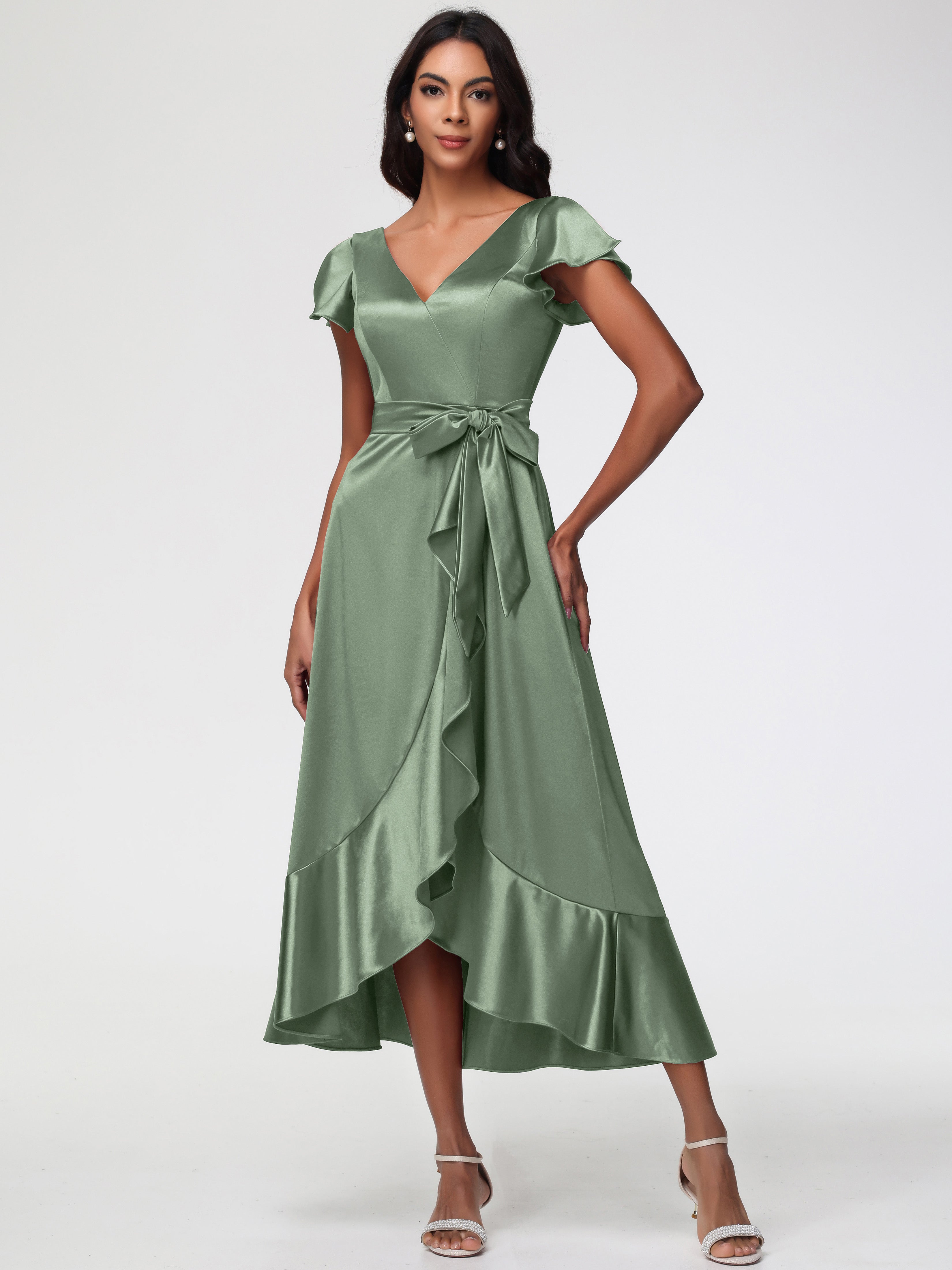 Robes De Demoiselle D'Honneur De Sauge Poussiéreuse Asymétrique Col V Trapèze Satin Extensible Mi-Longue