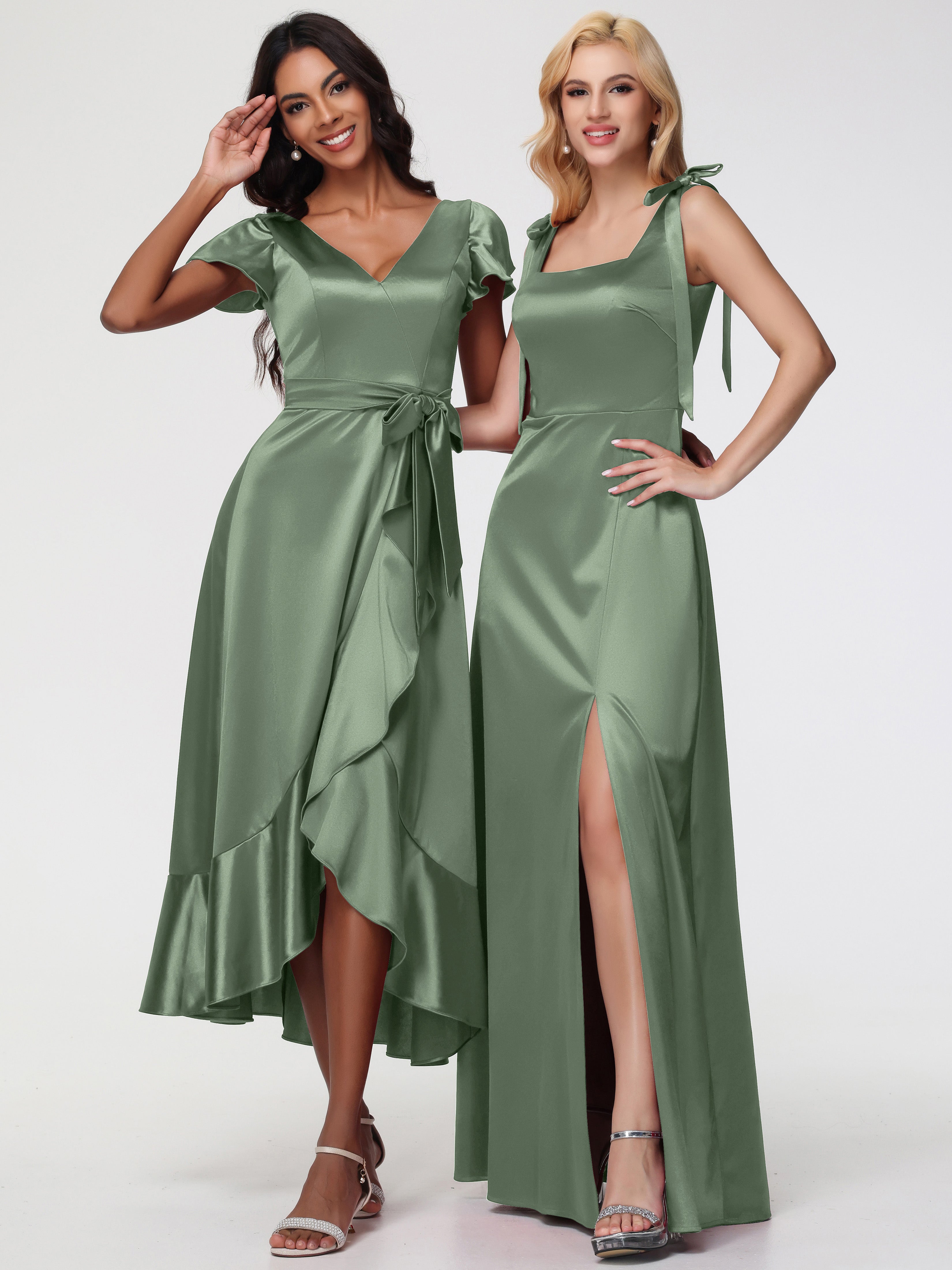 Robes De Demoiselle D'Honneur De Sauge Poussiéreuse Asymétrique Col V Trapèze Satin Extensible Mi-Longue