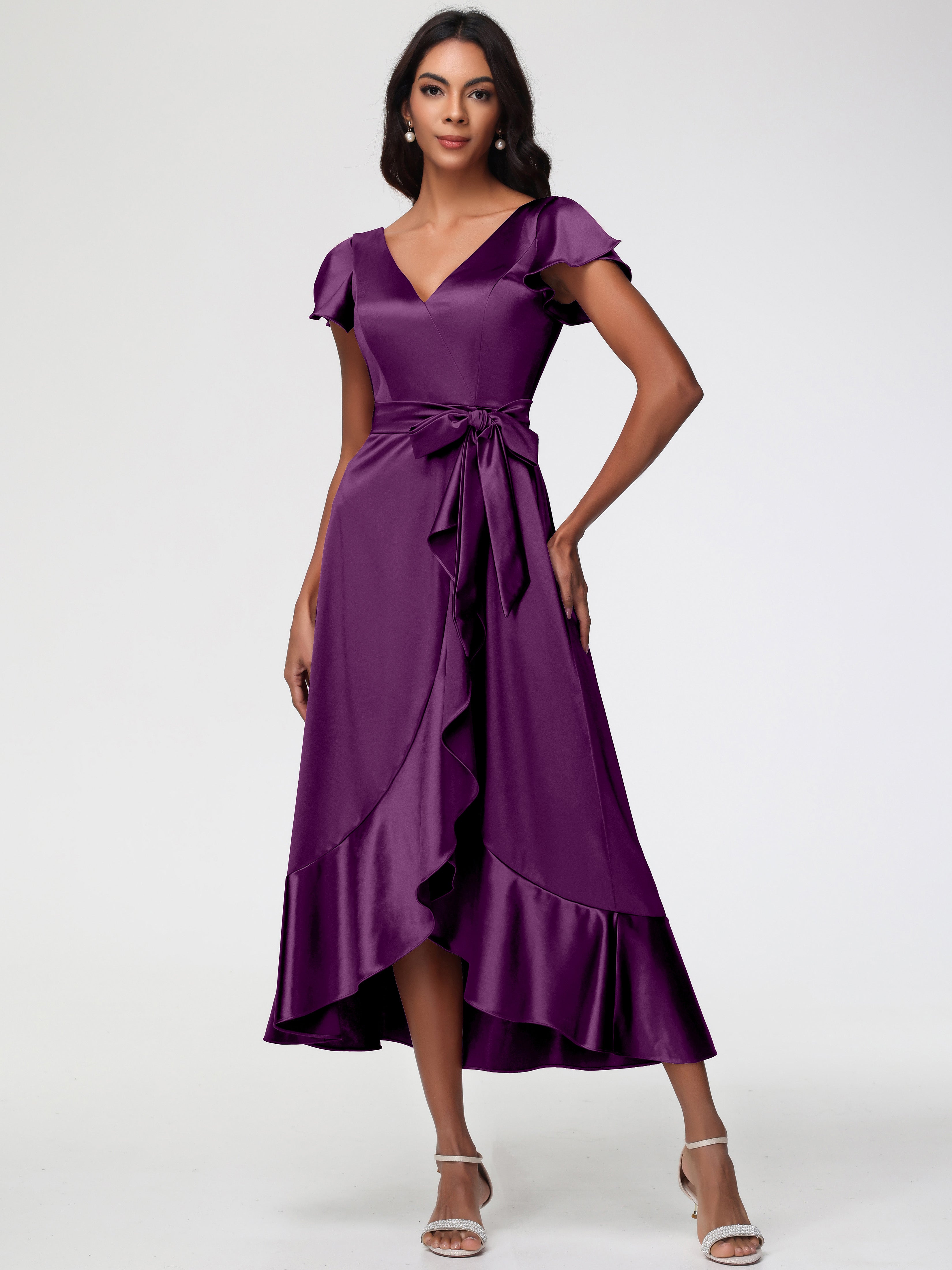 Robes De Demoiselle D'Honneur Raisin Asymétrique Col V Trapèze Satin Extensible Mi-Longue Robe De Demoiselle D'Honneur