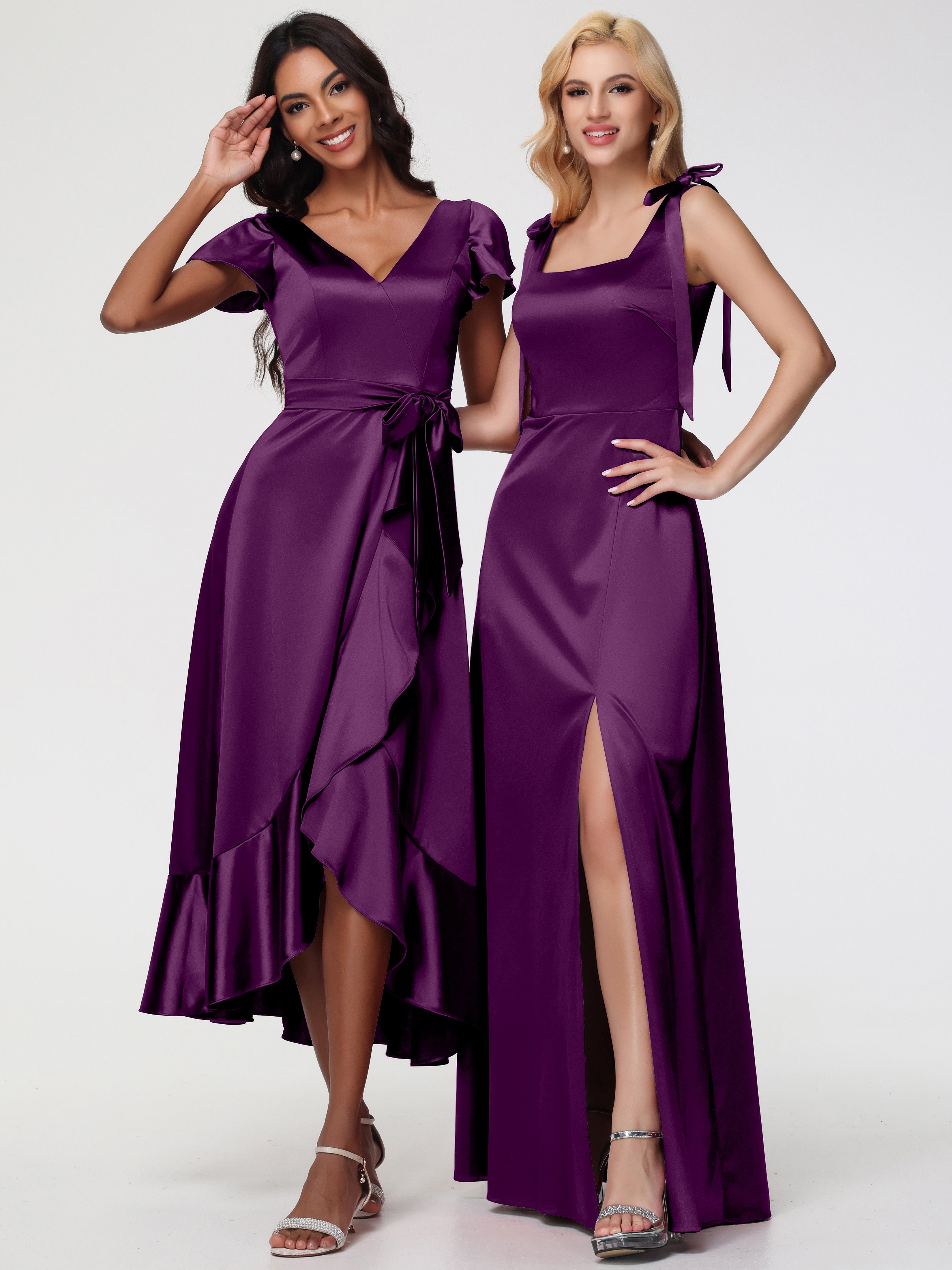 Robes De Demoiselle D'Honneur Raisin Asymétrique Col V Trapèze Satin Extensible Mi-Longue Robe De Demoiselle D'Honneur