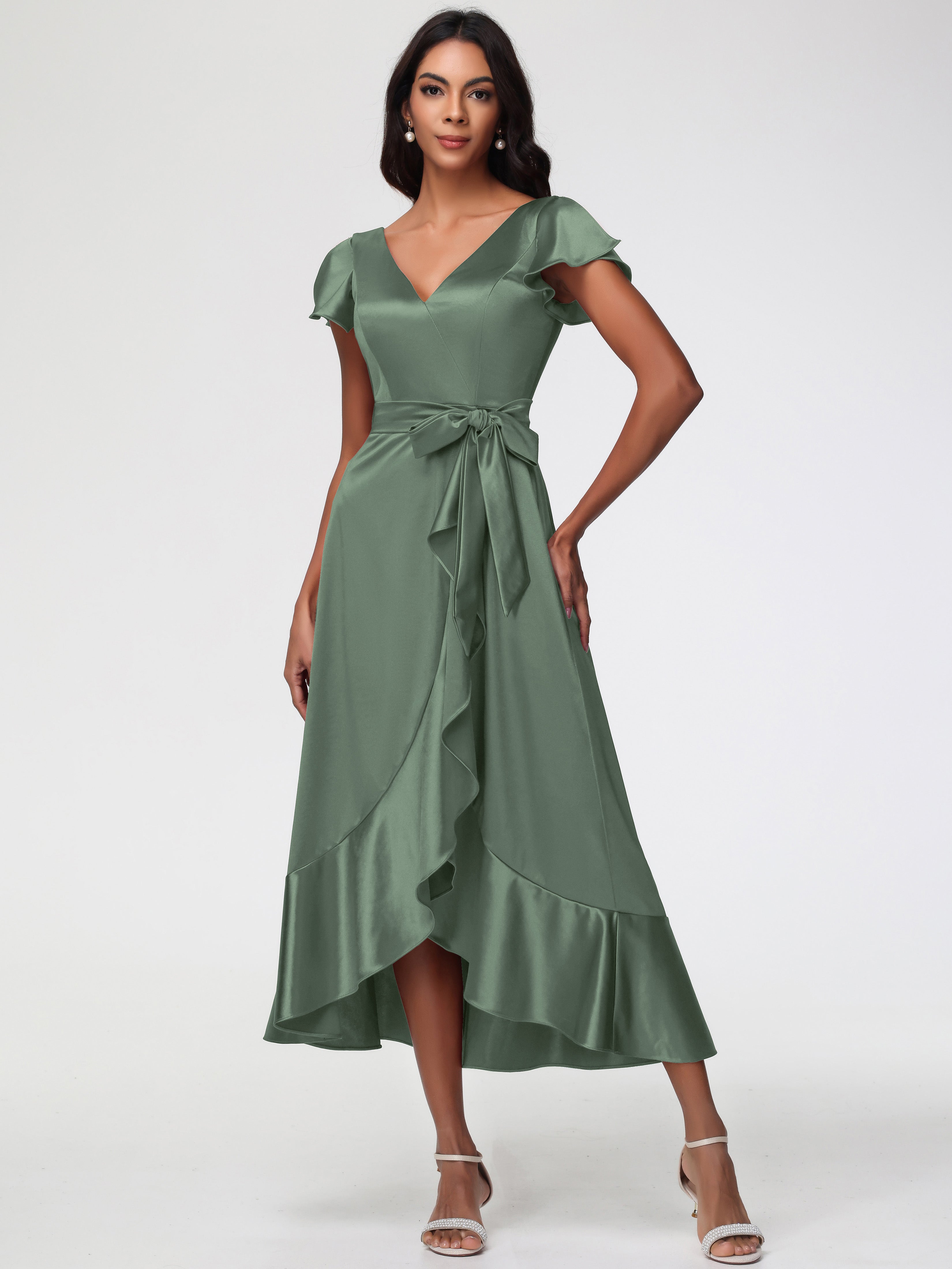 Robes De Demoiselle D'Honneur Olive Asymétrique Col V Trapèze Satin Extensible Mi-Longue