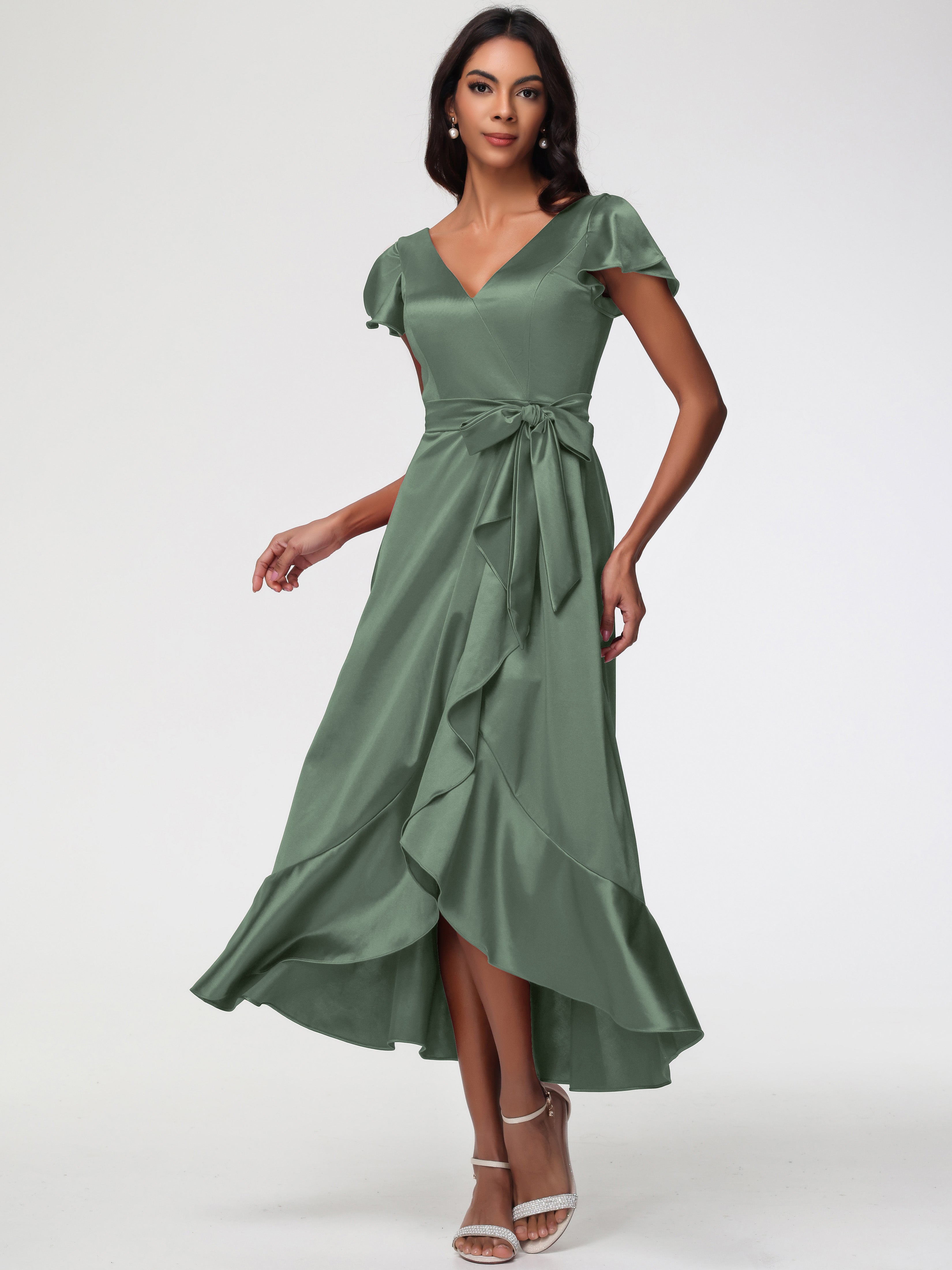 Robes De Demoiselle D'Honneur Olive Asymétrique Col V Trapèze Satin Extensible Mi-Longue