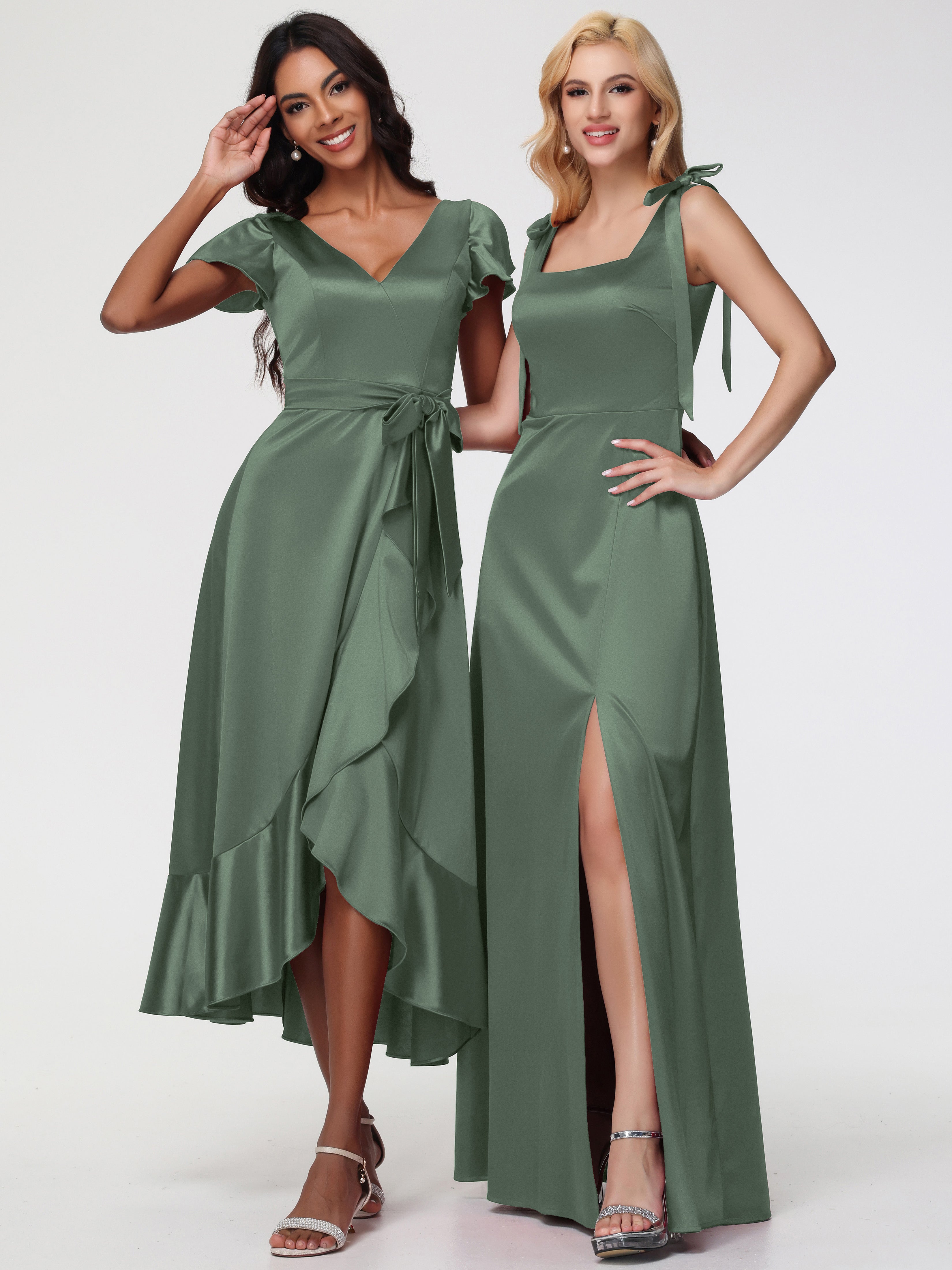 Robes De Demoiselle D'Honneur Olive Asymétrique Col V Trapèze Satin Extensible Mi-Longue