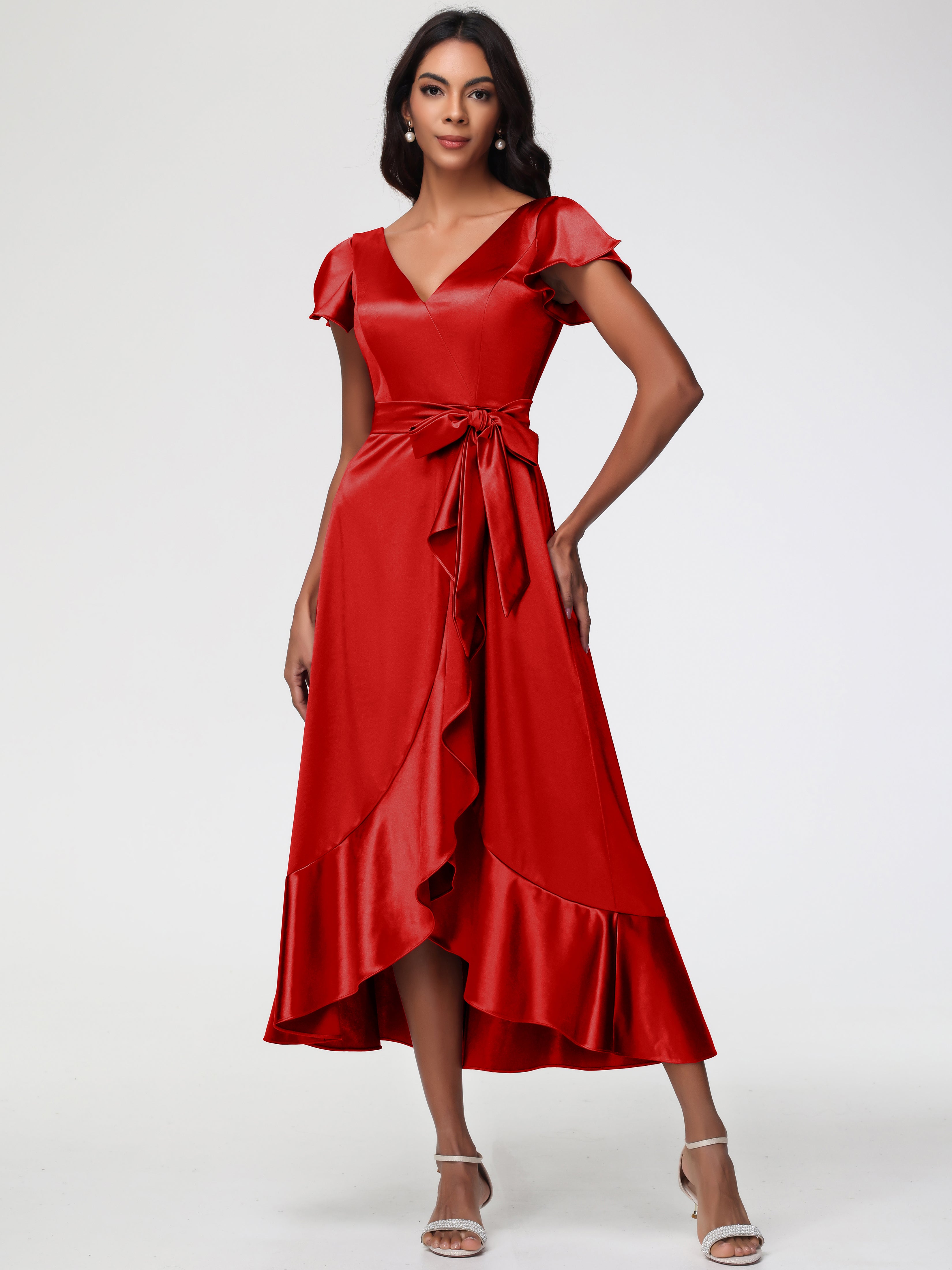 Robe Demoiselles D Honneur Rouge Asymétrique Col V Trapèze Satin Extensible Mi-Longue Robe De Demoiselle D'Honneur