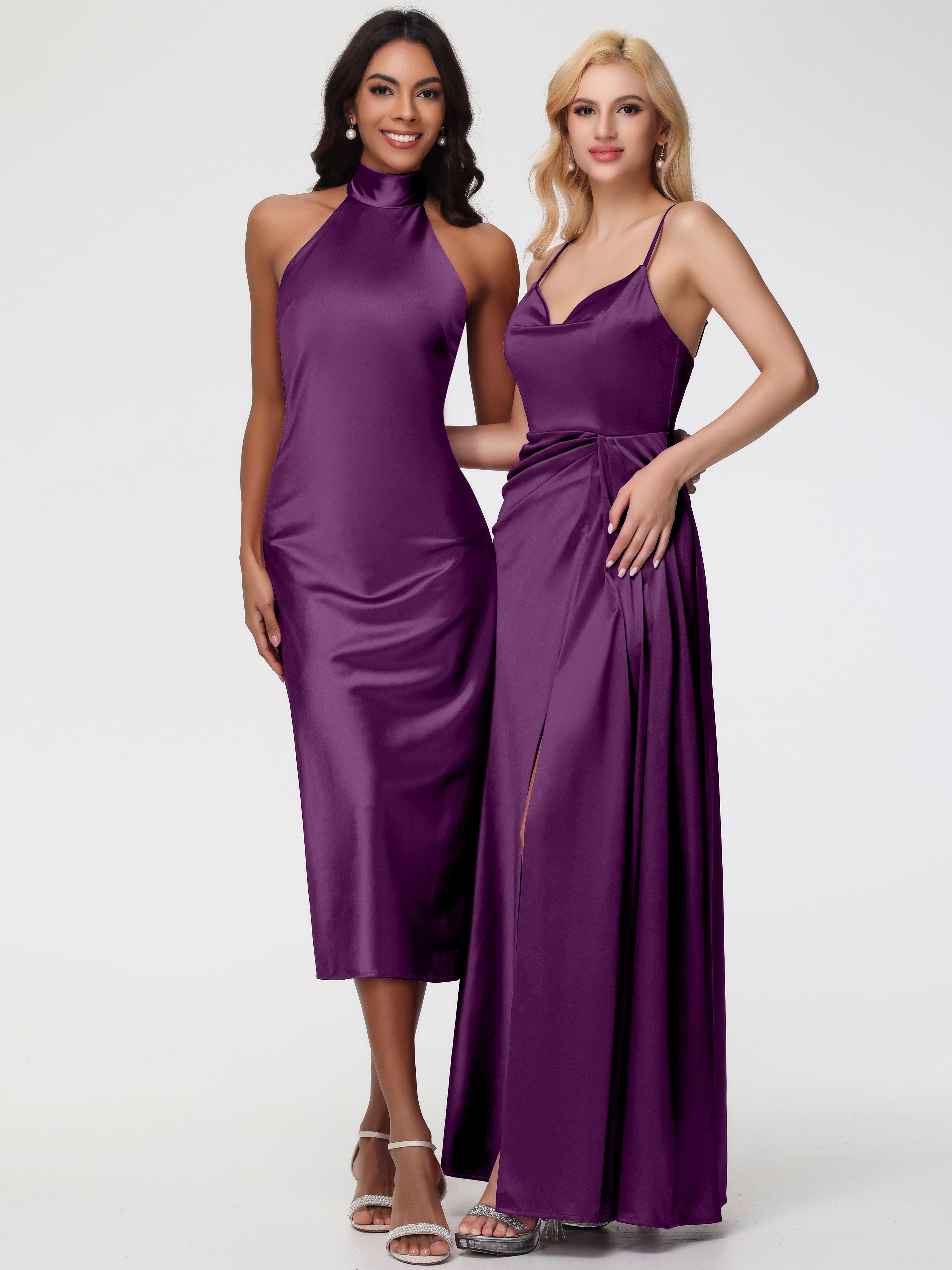 Robes De Demoiselle D'Honneur Raisin Col V Trapèze Satin Extensible Fendue Robe De Demoiselle D'Honneur Robe Plisée