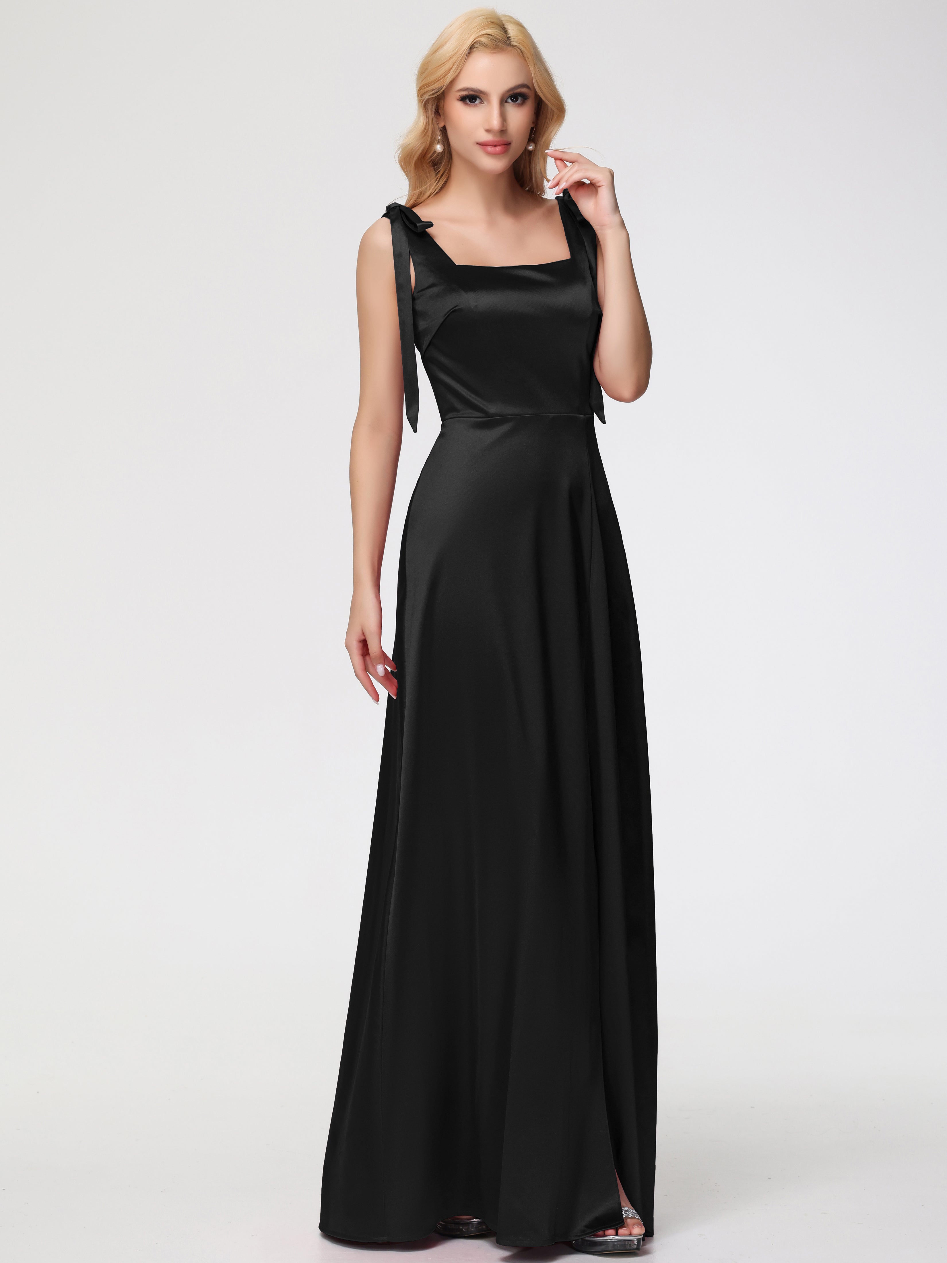 Robe Demoiselle D Honneur Noir Col Carré Trapèze Satin Extensible Fendue Robe De Demoiselle D'Honneur