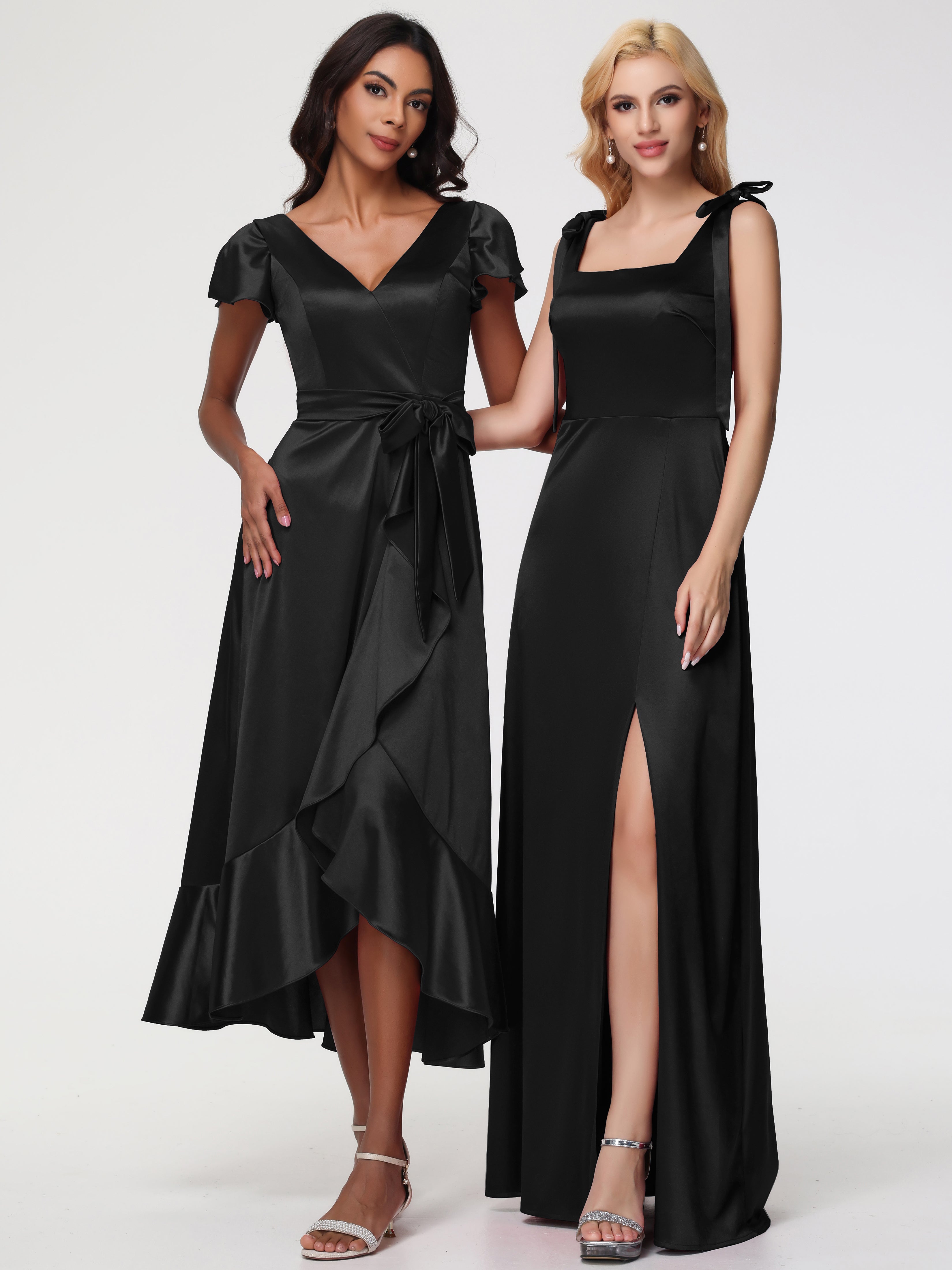 Robe Demoiselle D Honneur Noir Col Carré Trapèze Satin Extensible Fendue Robe De Demoiselle D'Honneur