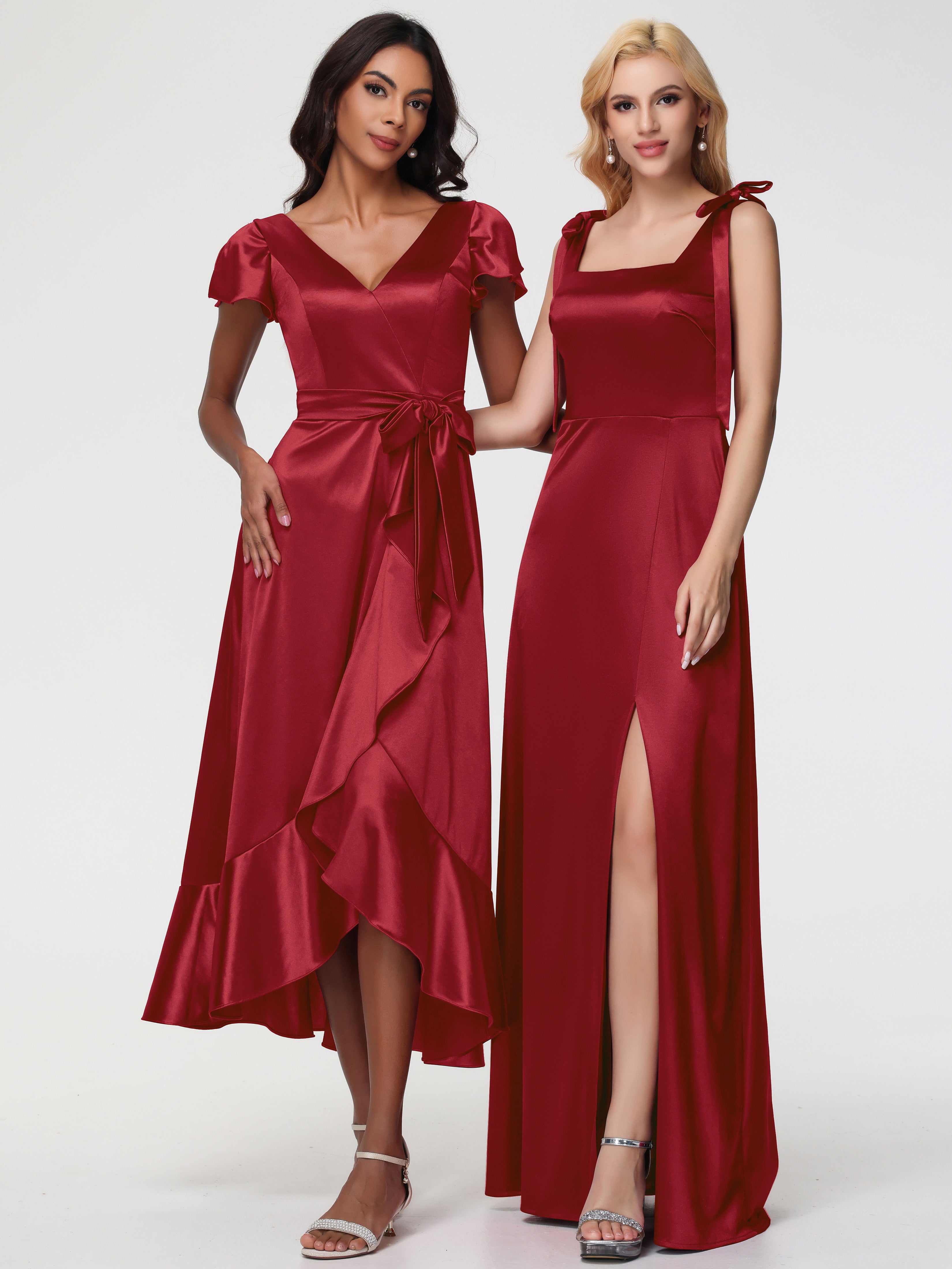 Robe Demoiselle D Honneur Couleur Bordeaux Col Carré Trapèze Satin Extensible Fendue Robe De Demoiselle D'Honneur