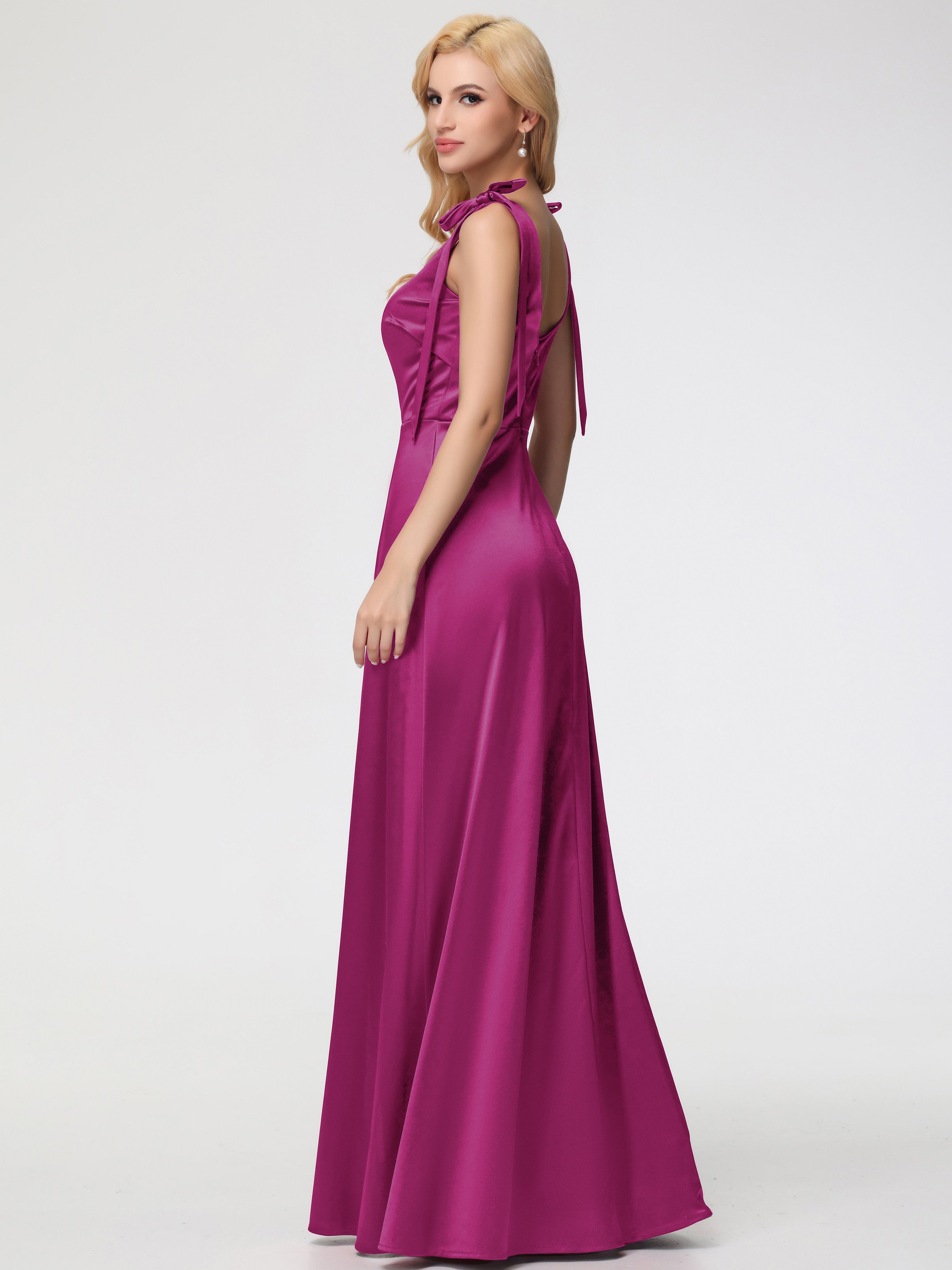 Robe Demoiselle D Honneur Rose Fuchsia Col Carré Trapèze Satin Extensible Fendue Robe De Demoiselle D'Honneur