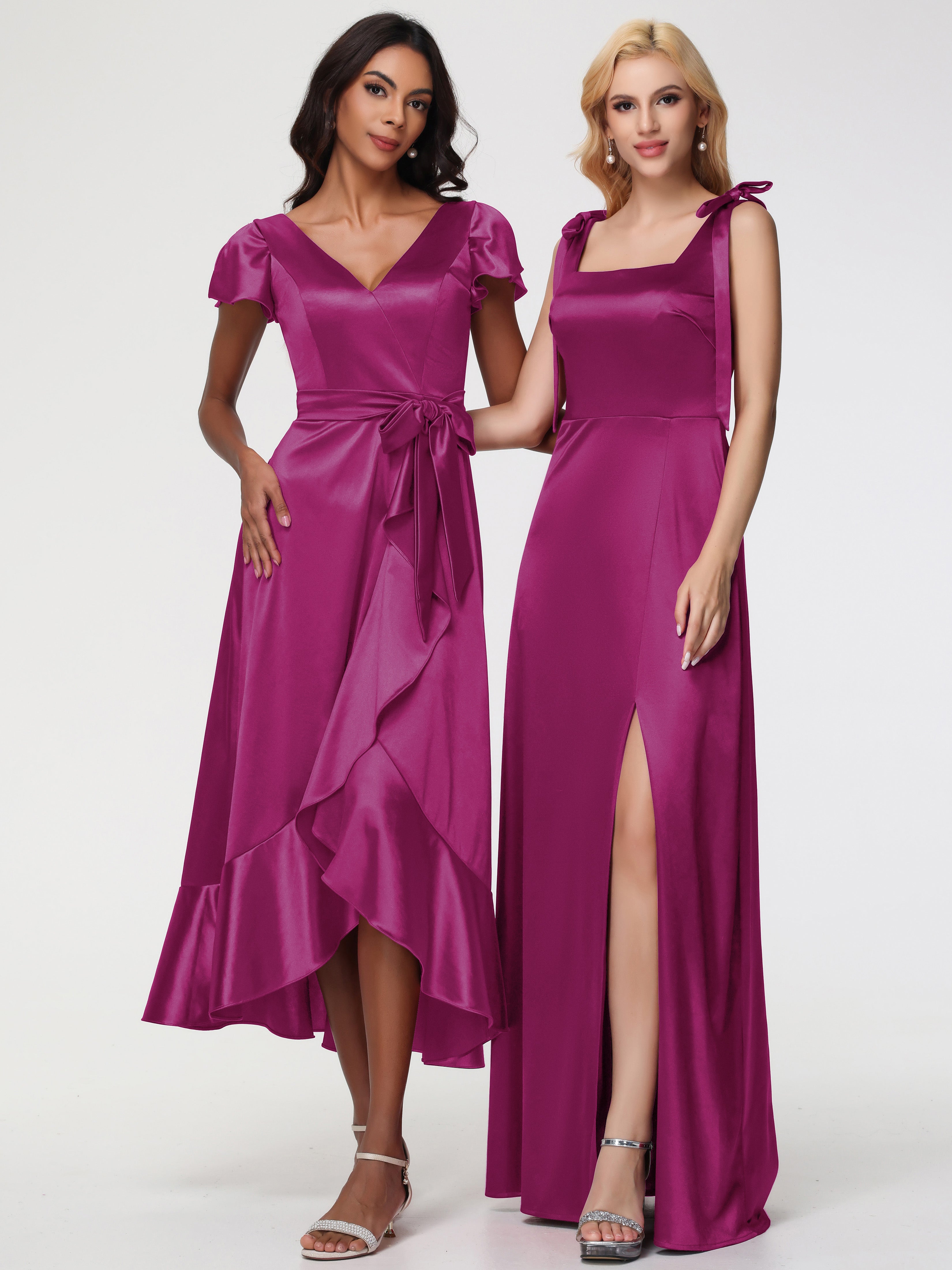 Robe Demoiselle D Honneur Rose Fuchsia Col Carré Trapèze Satin Extensible Fendue Robe De Demoiselle D'Honneur