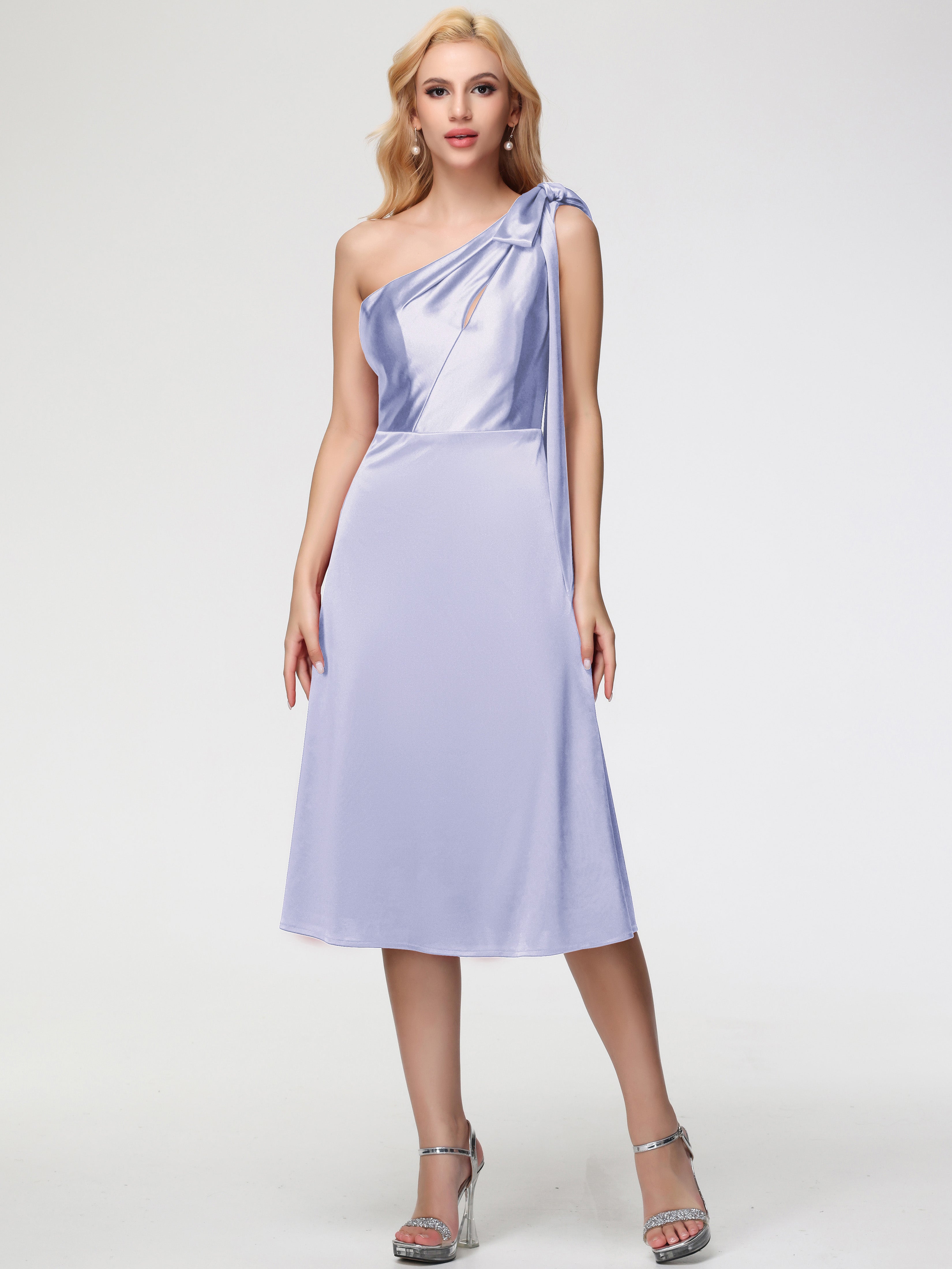 Robe Demoiselle D Honneur Lavande Seule-épaule Mi-Longue Satin Extensible Robe De Demoiselle D'Honneur