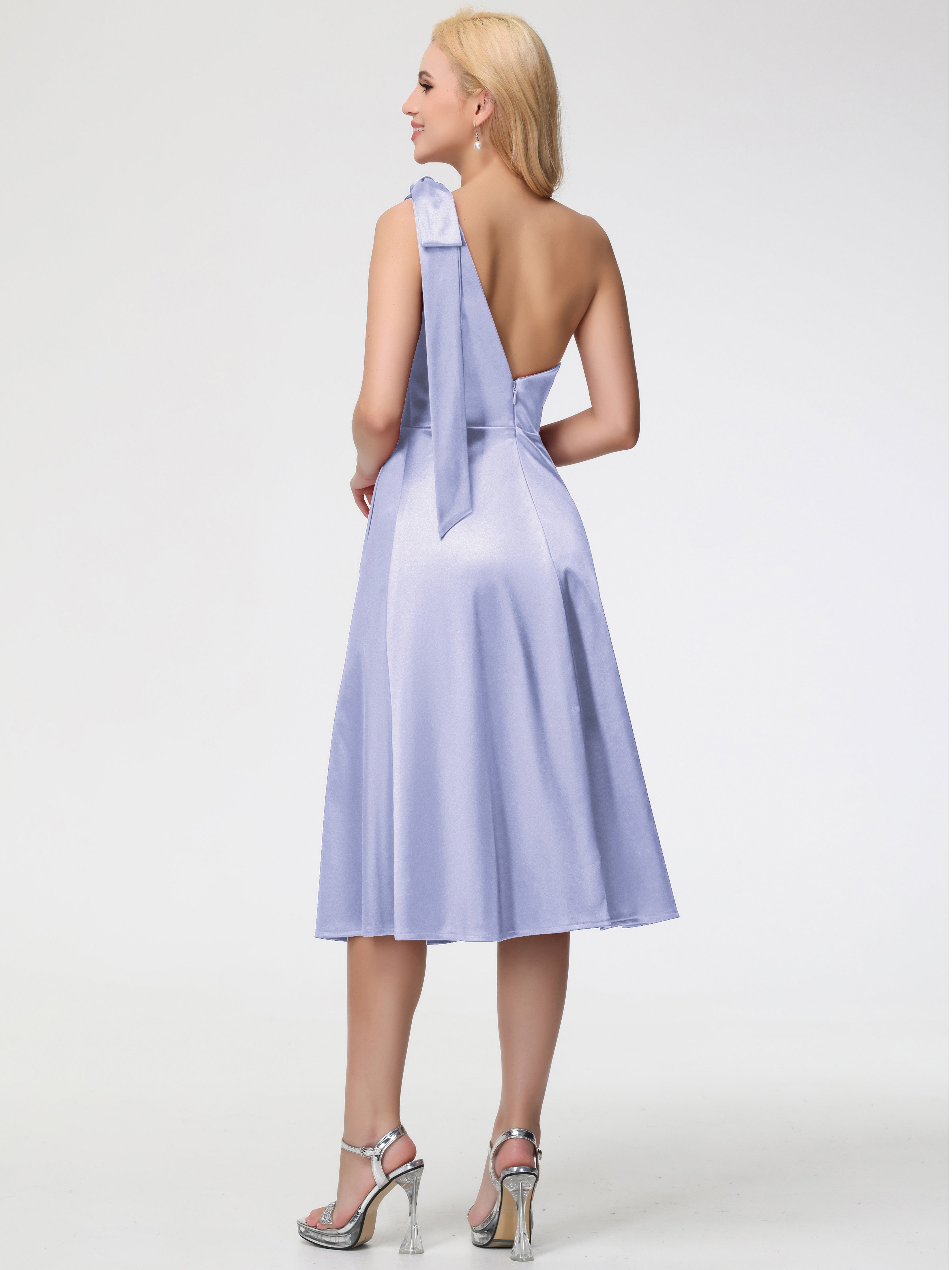 Robe Demoiselle D Honneur Lavande Seule-épaule Mi-Longue Satin Extensible Robe De Demoiselle D'Honneur