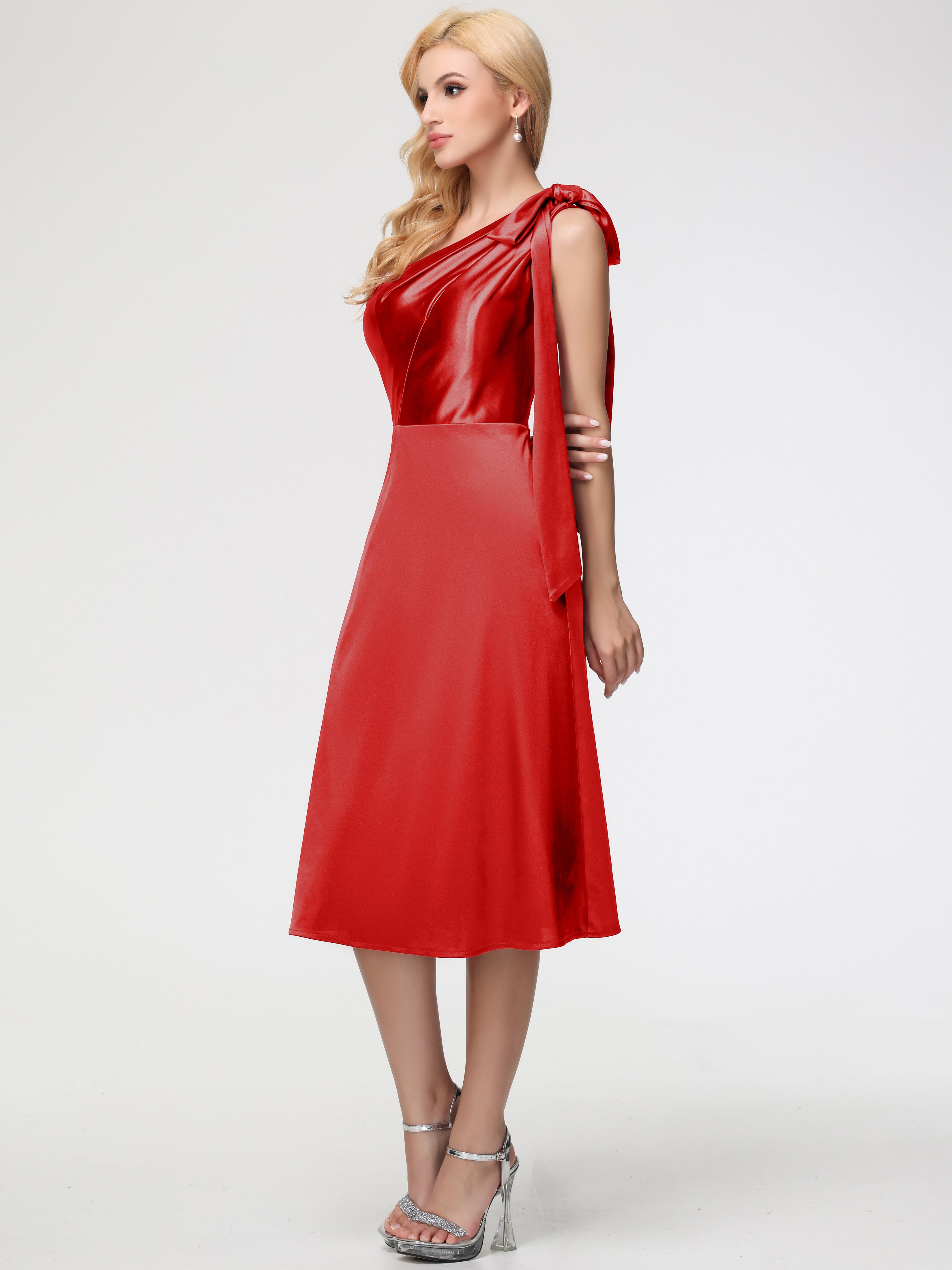 Robe Rouge Demoiselle D Honneur Pas Cher Seule-épaule Mi-Longue Satin Extensible Robe De Demoiselle D'Honneur