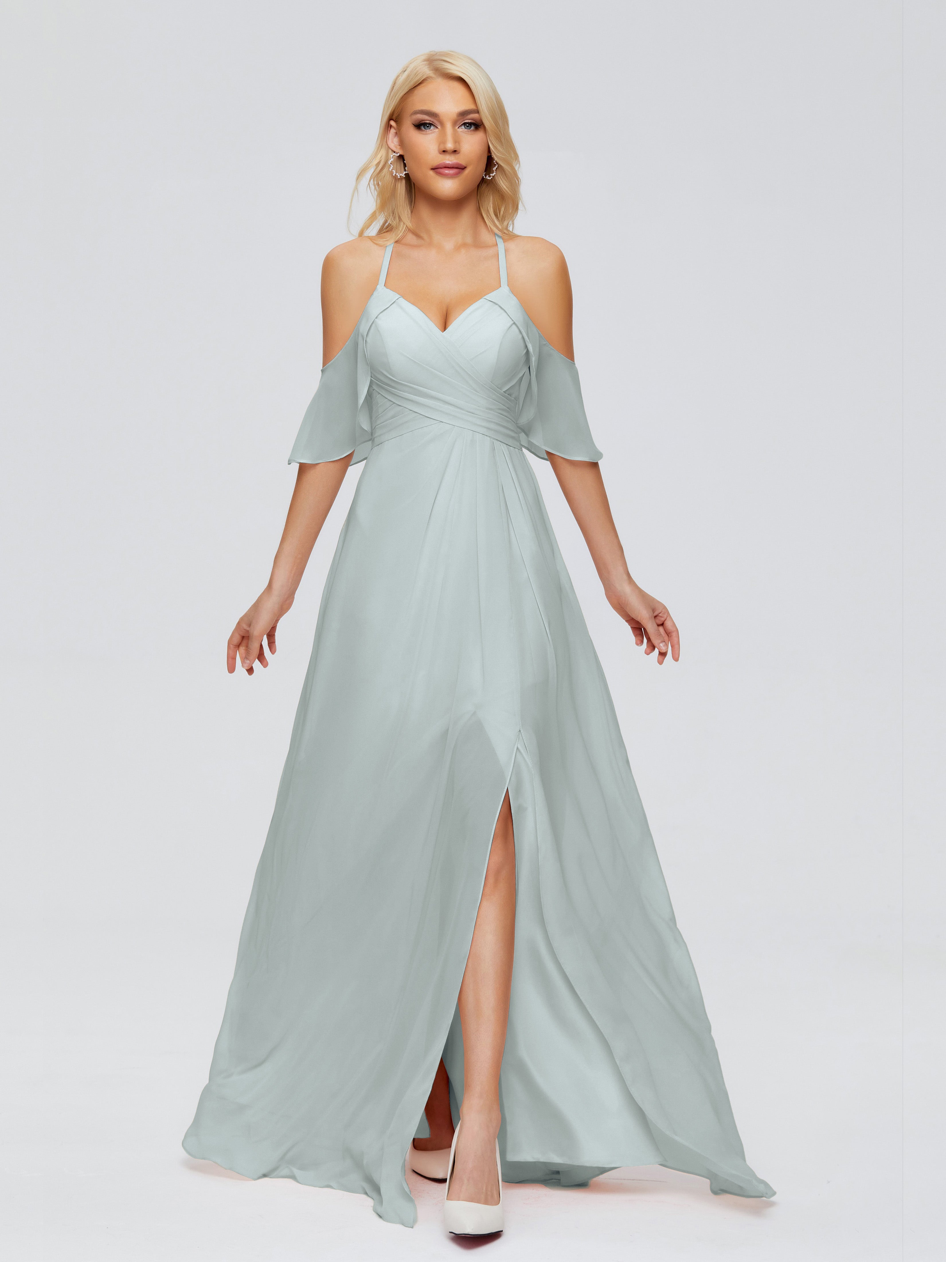 Robes De Demoiselle D'Honneur Celadon Trapèze Fendue Devant Mousseline Robes Demoiselle D'Honneur