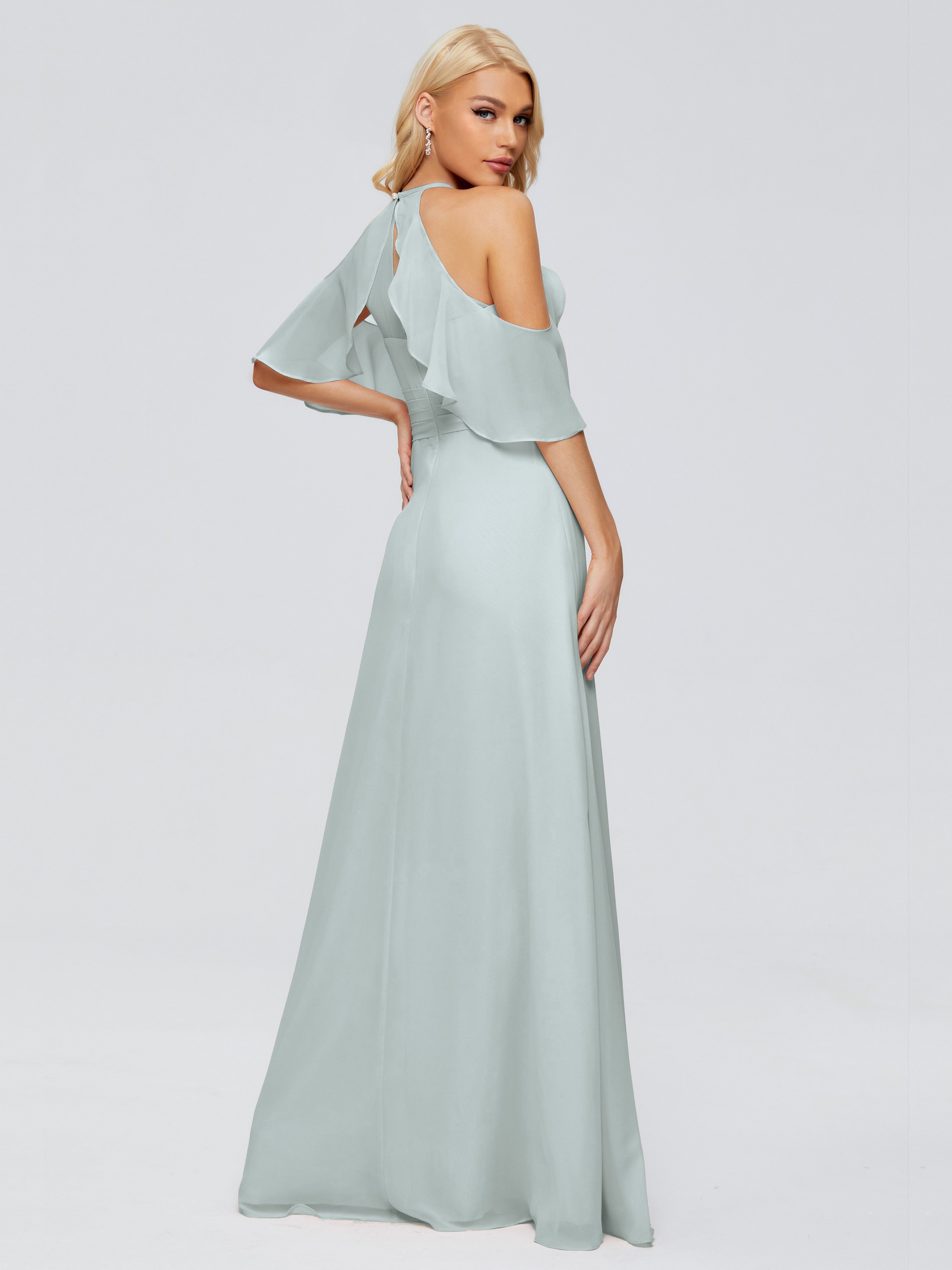 Robes De Demoiselle D'Honneur Celadon Trapèze Fendue Devant Mousseline Robes Demoiselle D'Honneur