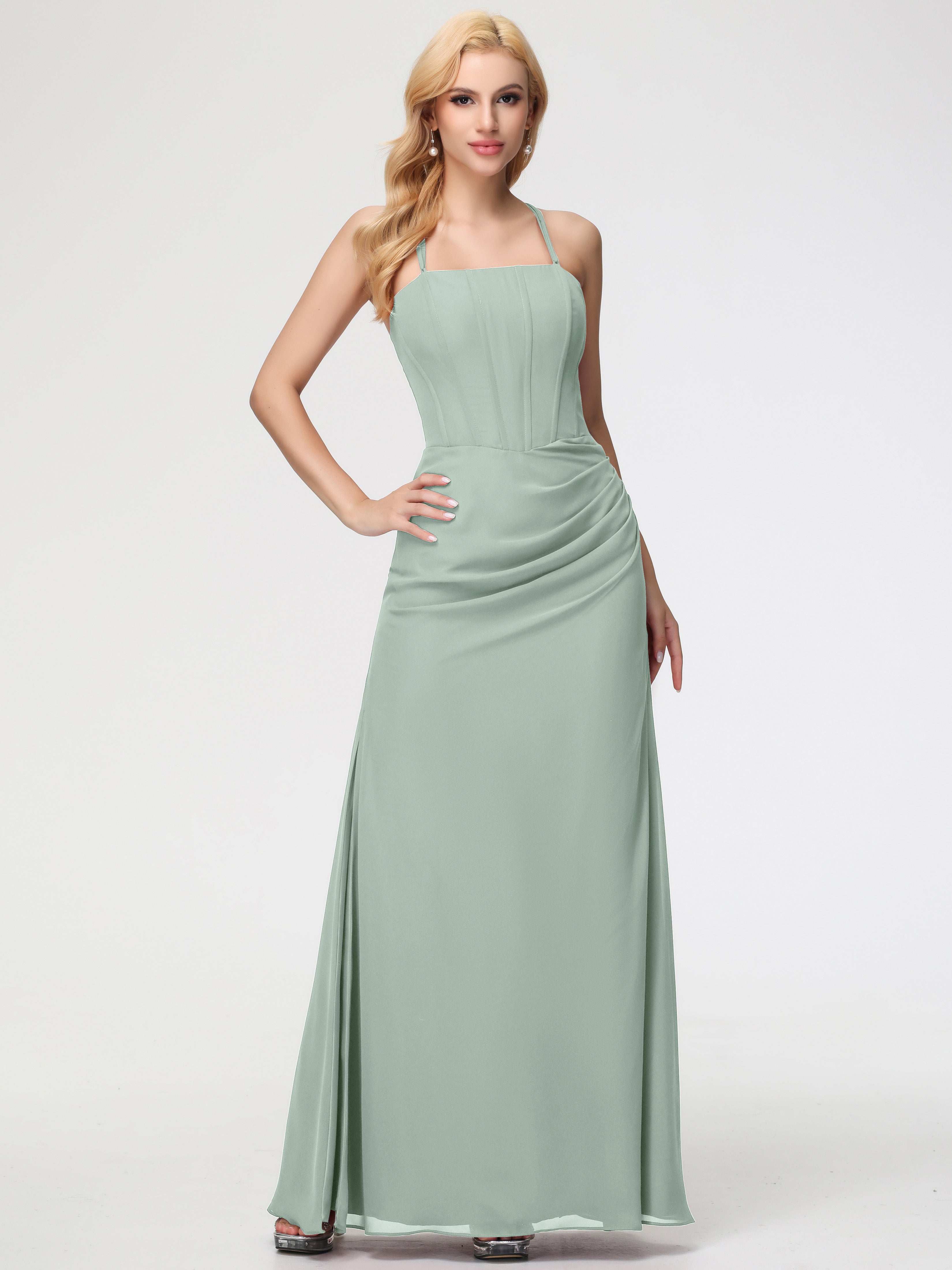 Robe Demoiselle D Honneur Vert Celadon Bretelles Spaghetti Fourreau Mousseline Robe Demoiselle D'Honneur