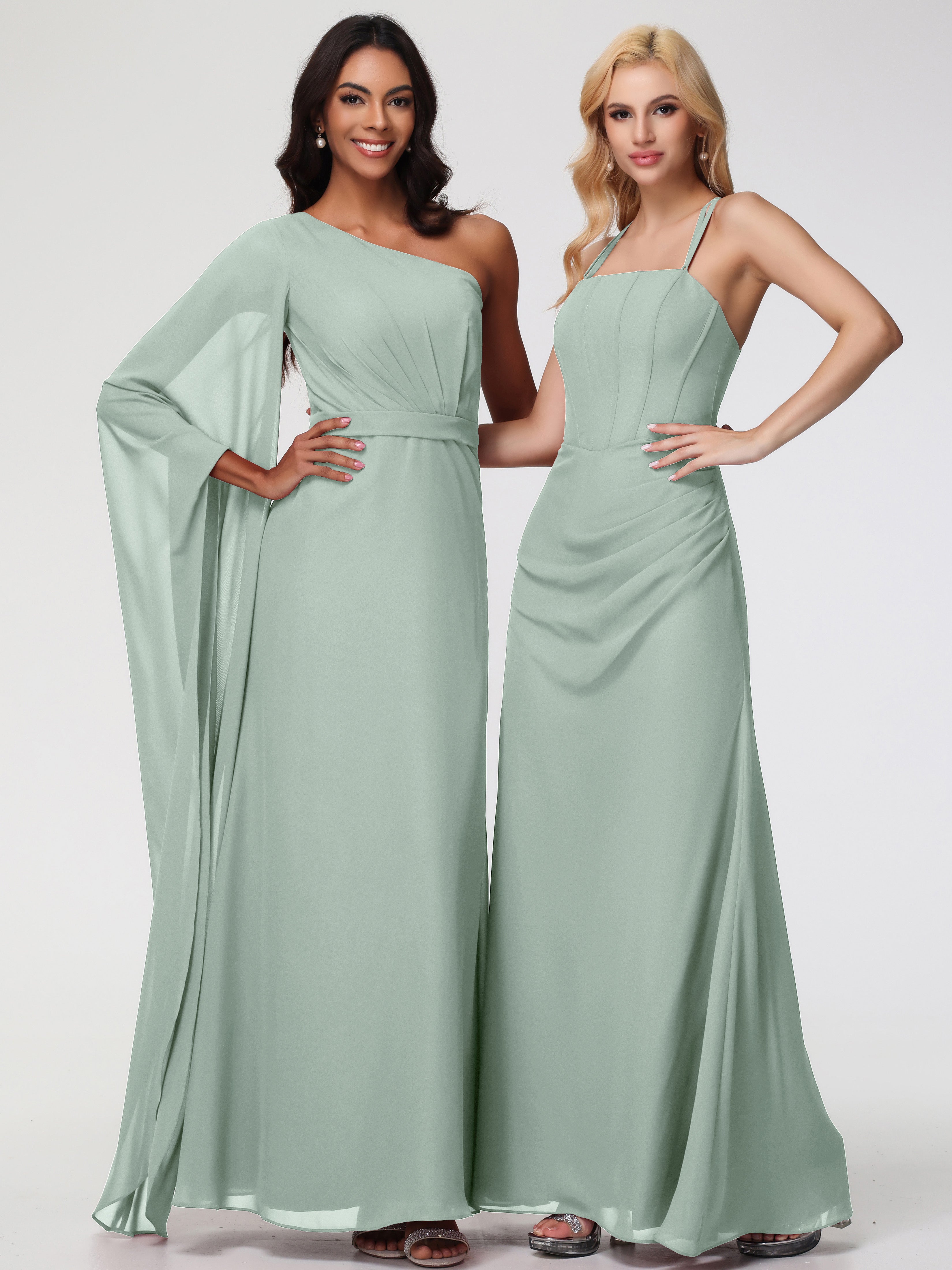 Robe Demoiselle D Honneur Vert Celadon Bretelles Spaghetti Fourreau Mousseline Robe Demoiselle D'Honneur