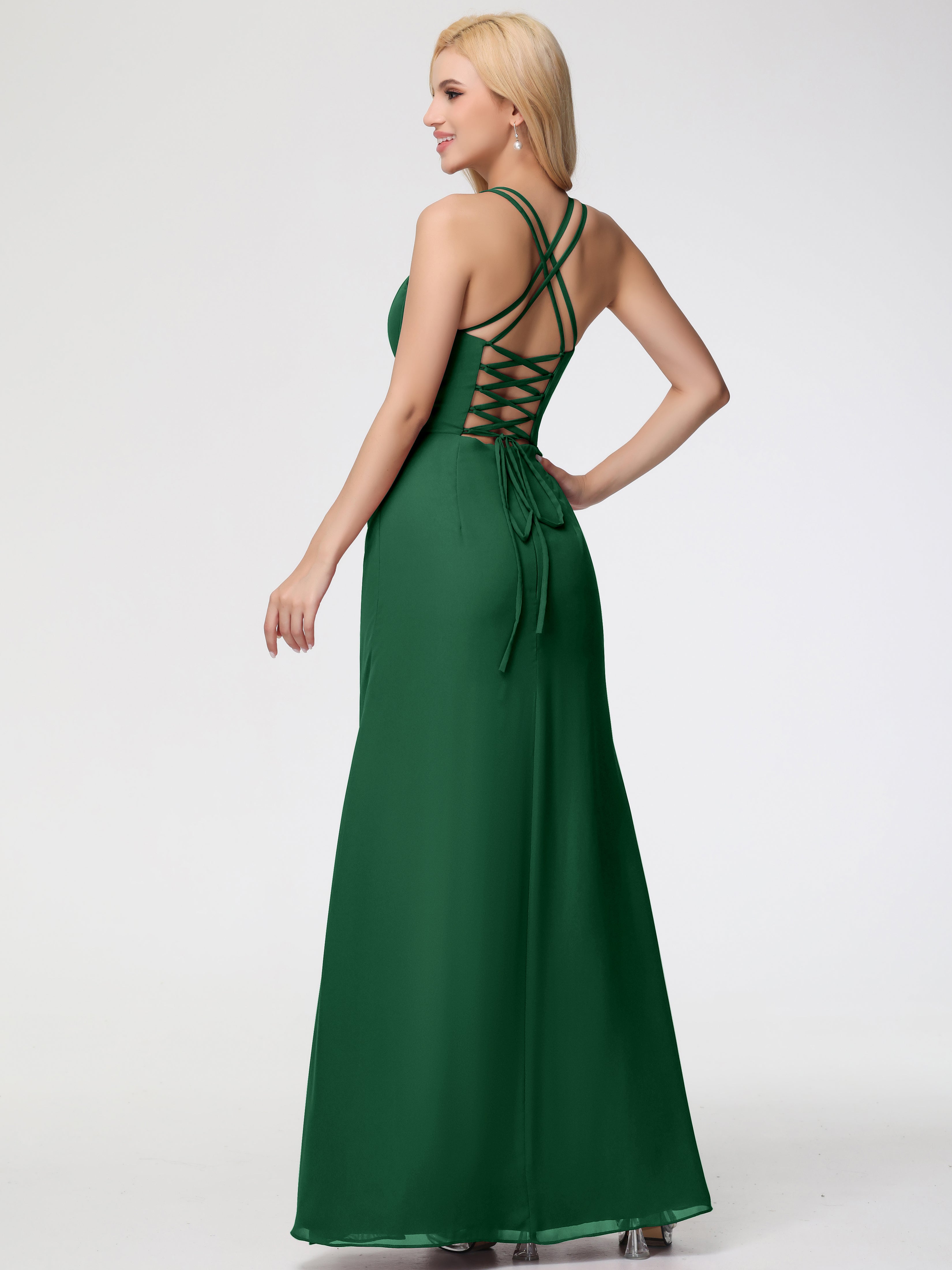 Robe Demoiselle D Honneur Vert Fonce Bretelles Spaghetti Fourreau Mousseline Robe Demoiselle D'Honneur