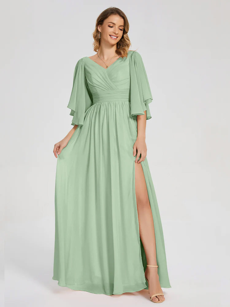 Toutes Les Robes De Demoiselle D'Honneur De Sauge Poussiéreuse Demi Manches Mousseline Robes Demoiselle D'Honneur À Lacet