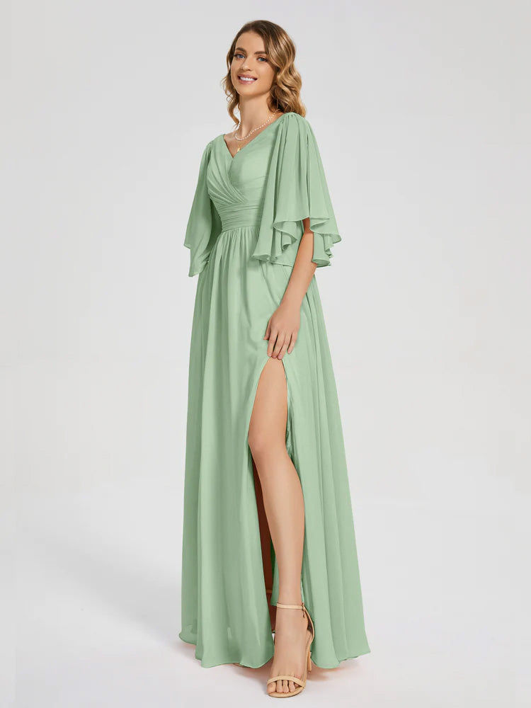 Toutes Les Robes De Demoiselle D'Honneur De Sauge Poussiéreuse Demi Manches Mousseline Robes Demoiselle D'Honneur À Lacet