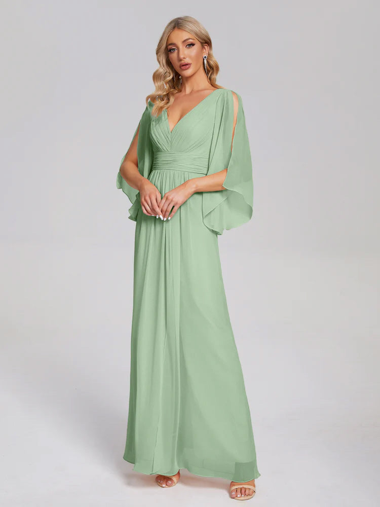 Robes De Demoiselle D'Honneur Vert Sauge Poussiéreux Demi Manches Col V Fendue Mousseline Robes Demoiselle D'Honneur
