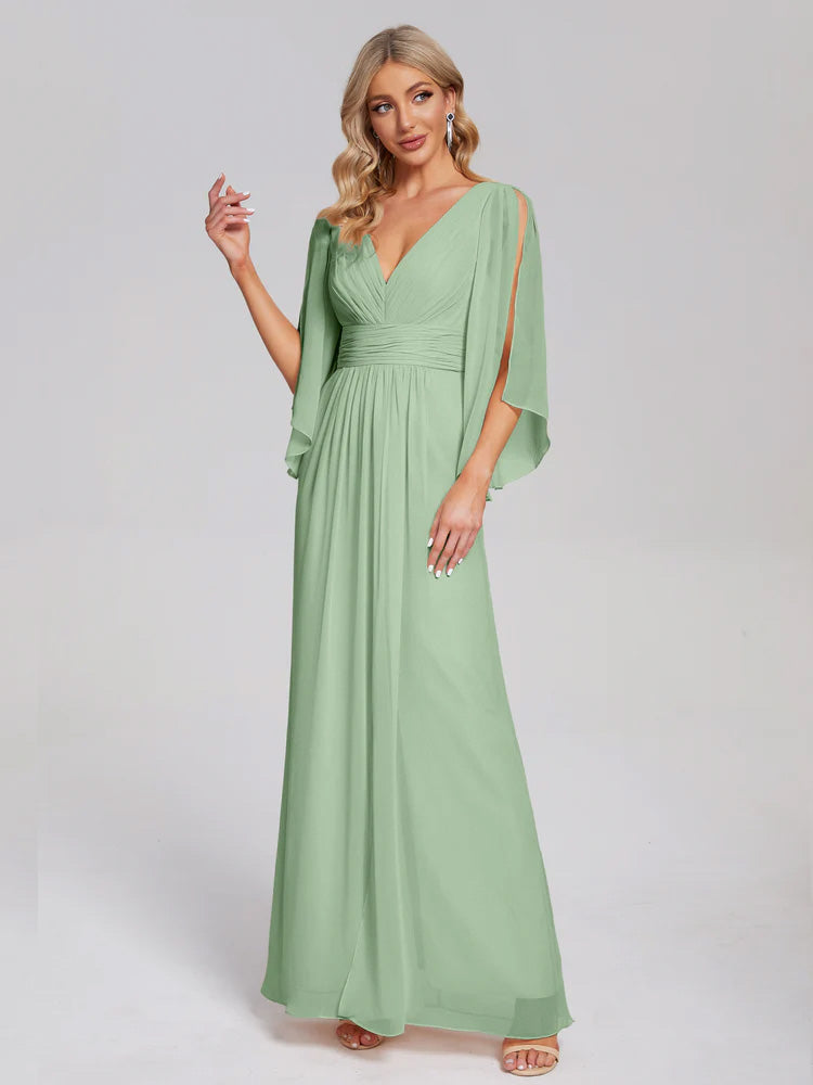 Robes De Demoiselle D'Honneur Vert Sauge Poussiéreux Demi Manches Col V Fendue Mousseline Robes Demoiselle D'Honneur