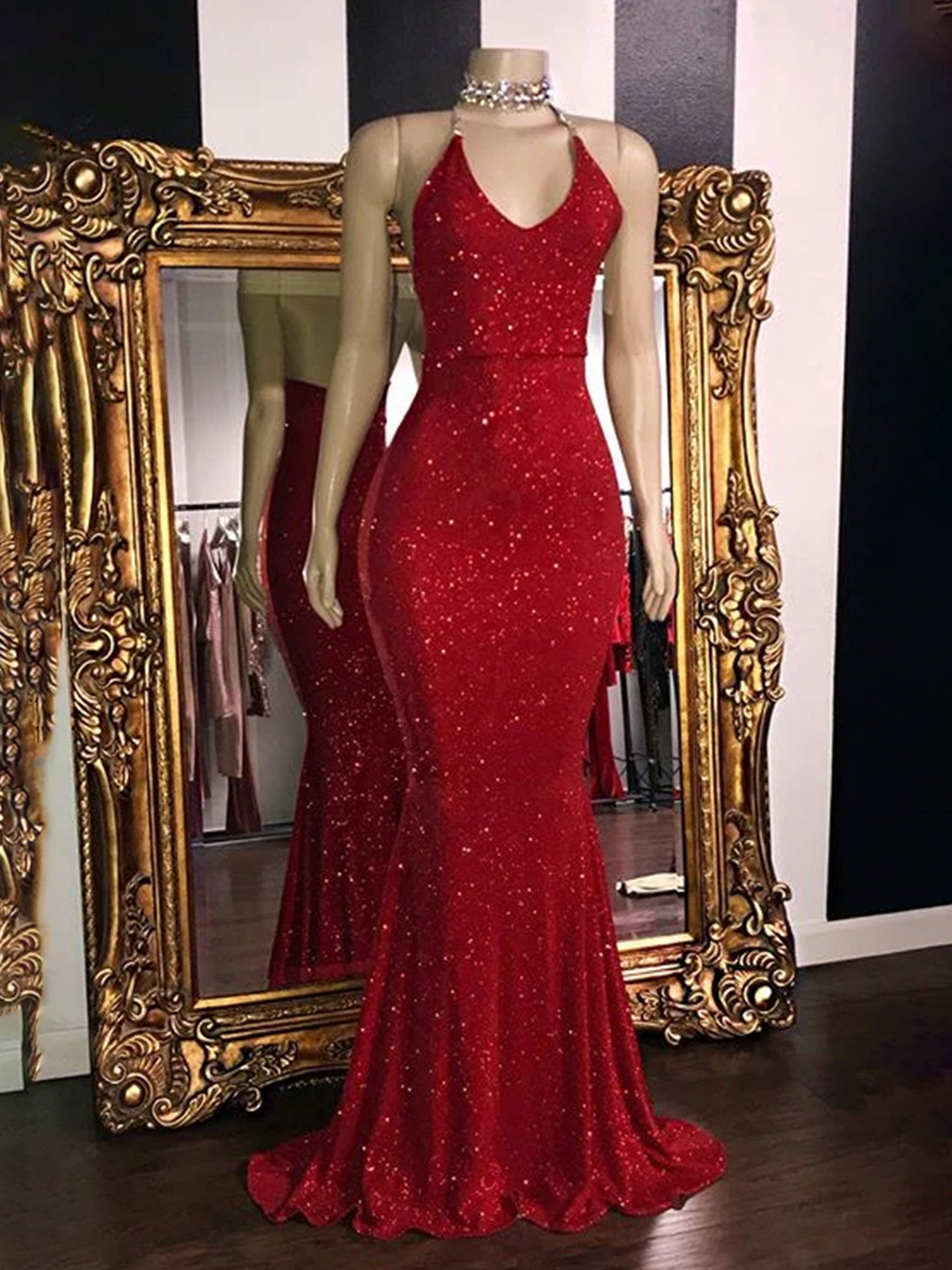 Robe de Bal Pailletée Dos Nu Style Sirène/Trumpet Encolure Licou Longue