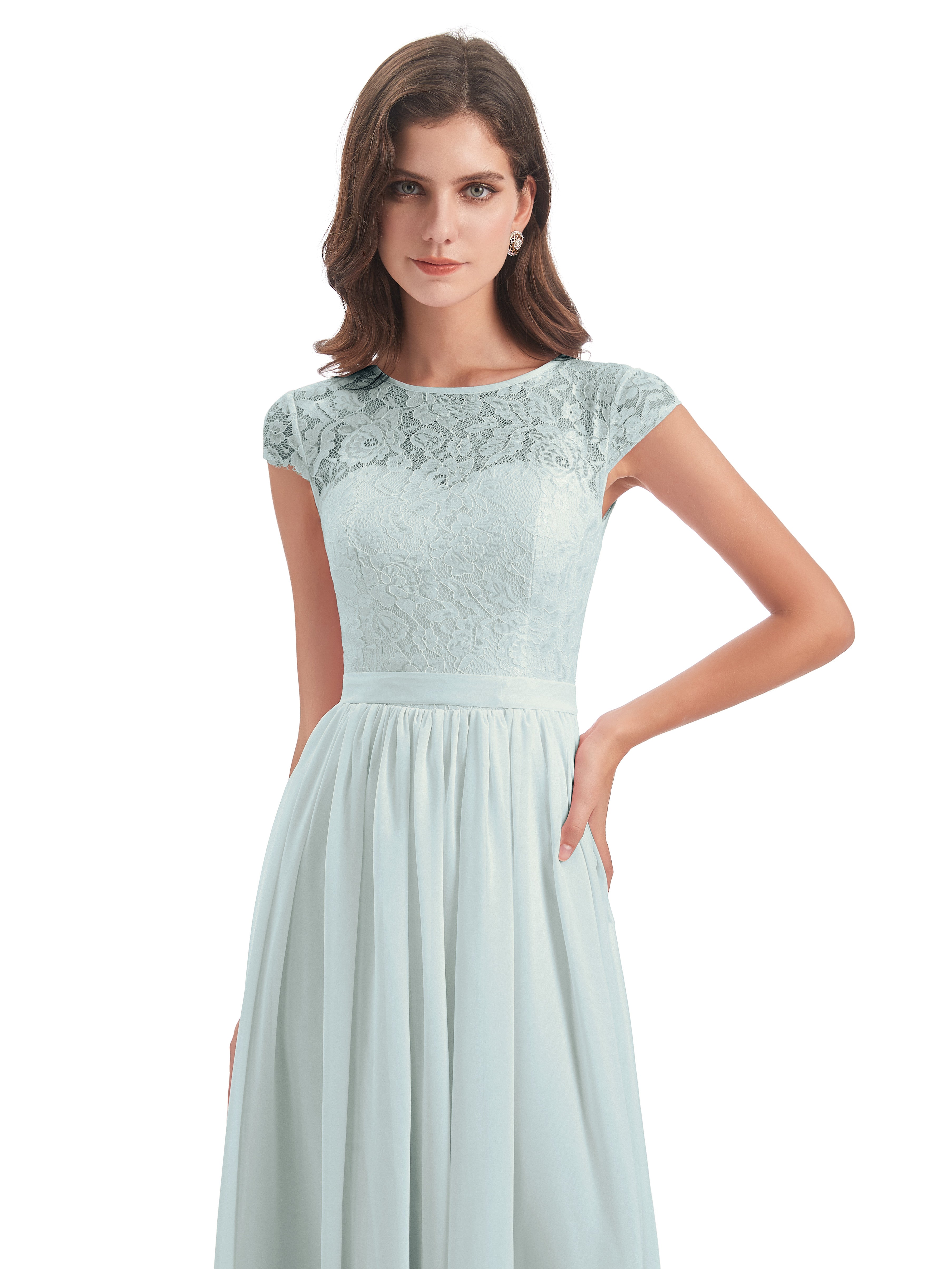 Robe Demoiselle D Honneur Vert Celadon Seule-Épaule Dentelle/Mousseline Fendue Robes Demoiselle D'Honneur