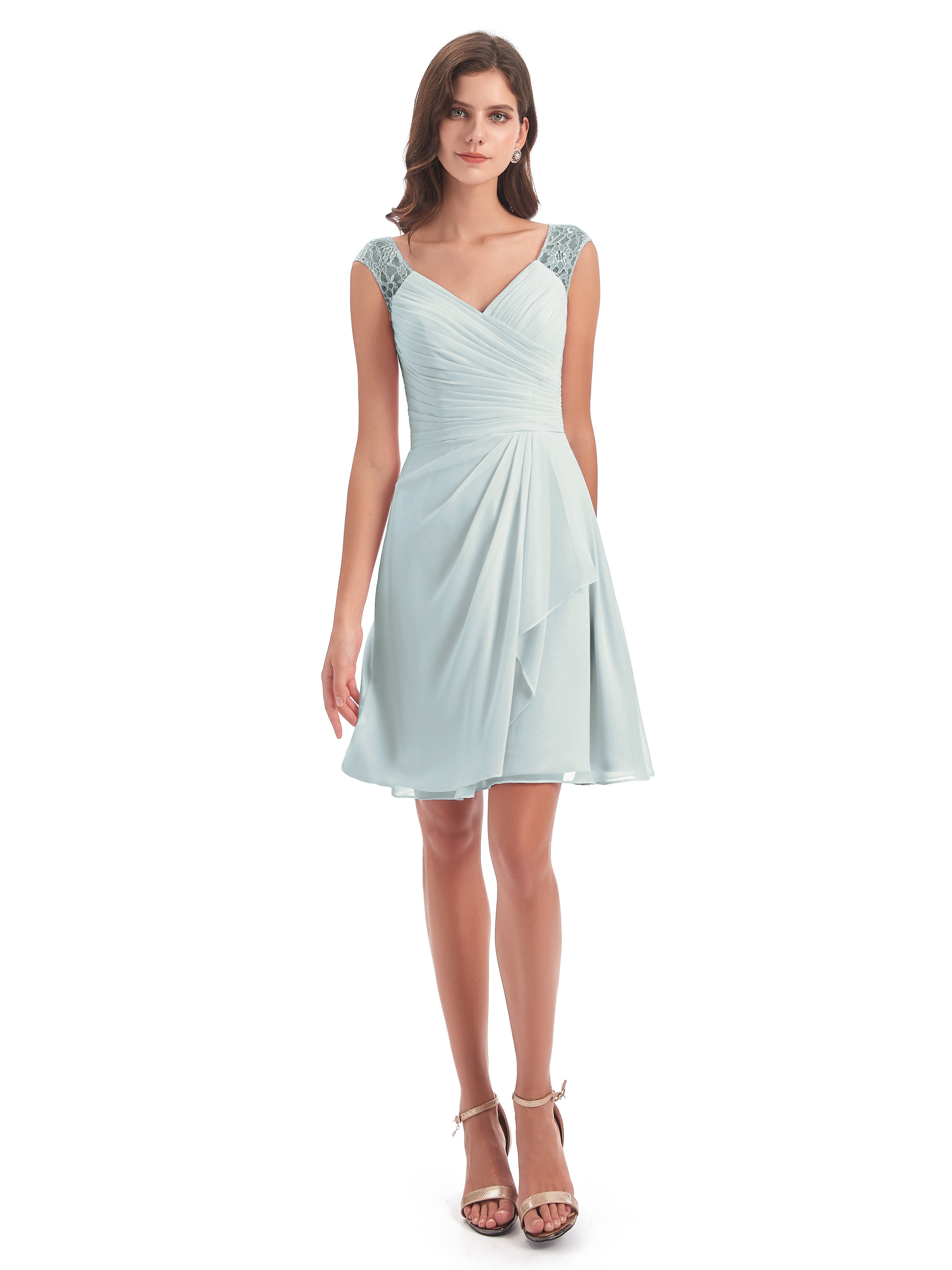 Robes De Demoiselle D'Honneur Celadon Courte Dentelle/Mousseline Robes Demoiselle D'Honneur Avec Plissé