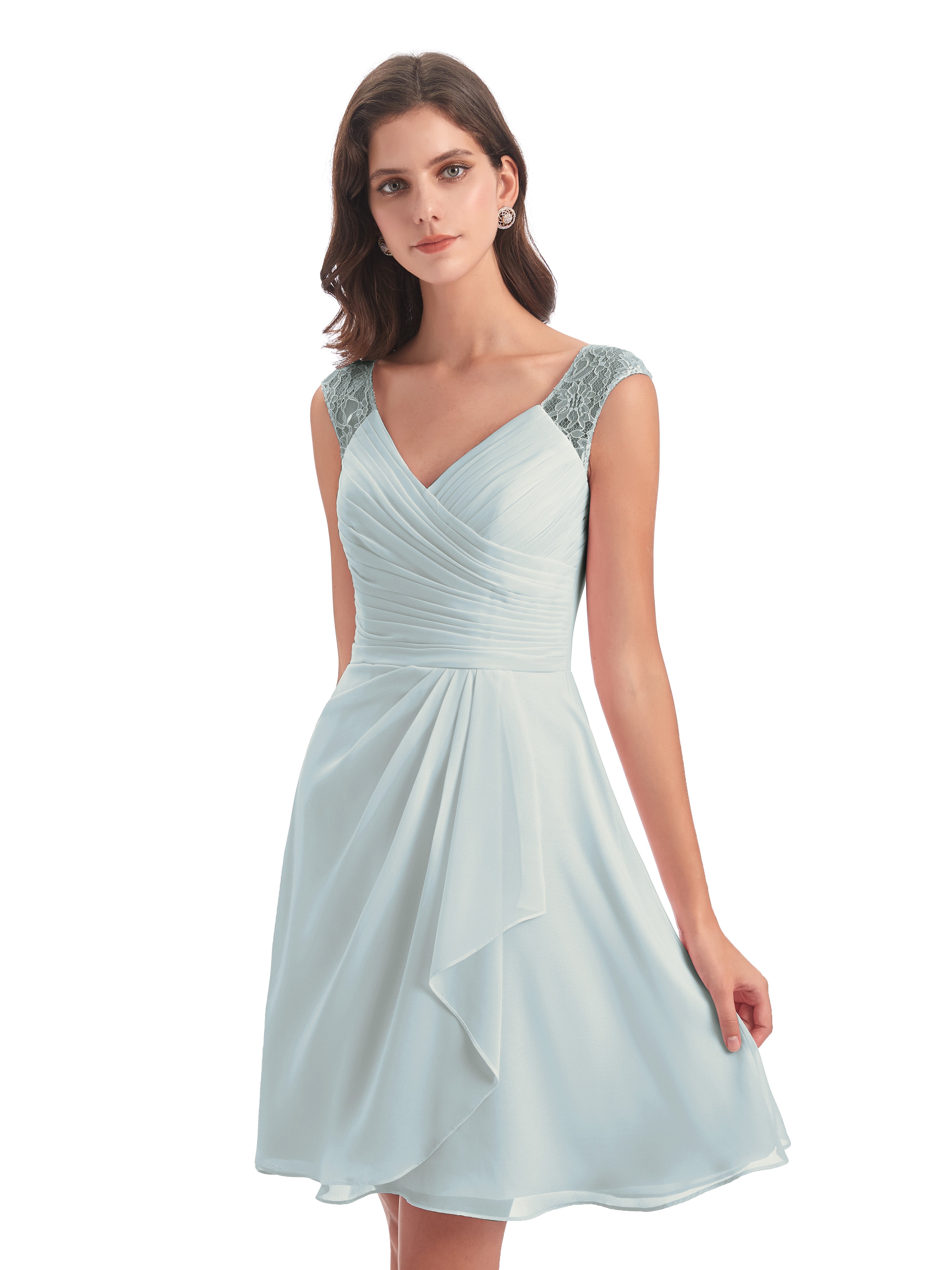 Robes De Demoiselle D'Honneur Celadon Courte Dentelle/Mousseline Robes Demoiselle D'Honneur Avec Plissé