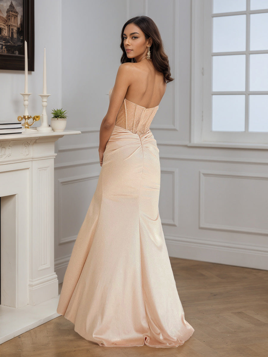 Cicinia Robe de Soirée Champagne Longue Perlé sans Bretelles Fente Traîne Balayée Charmante