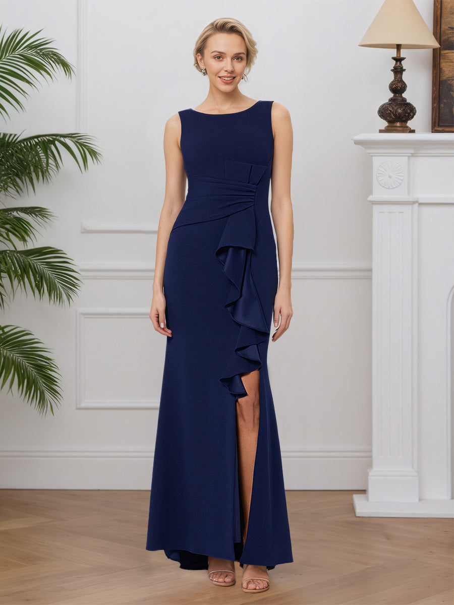 Cicinia BLEU_MARINE Robe pour Mère de la Mariée Longue en Tissu Extensible Sheath Fente Traîne Balayée