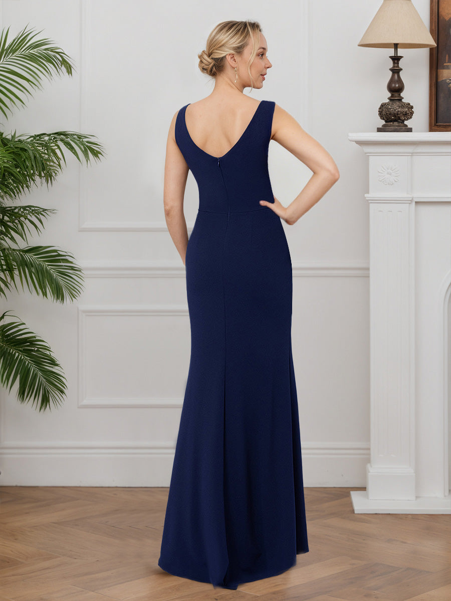 Cicinia BLEU_MARINE Robe pour Mère de la Mariée Longue en Tissu Extensible Sheath Fente Traîne Balayée