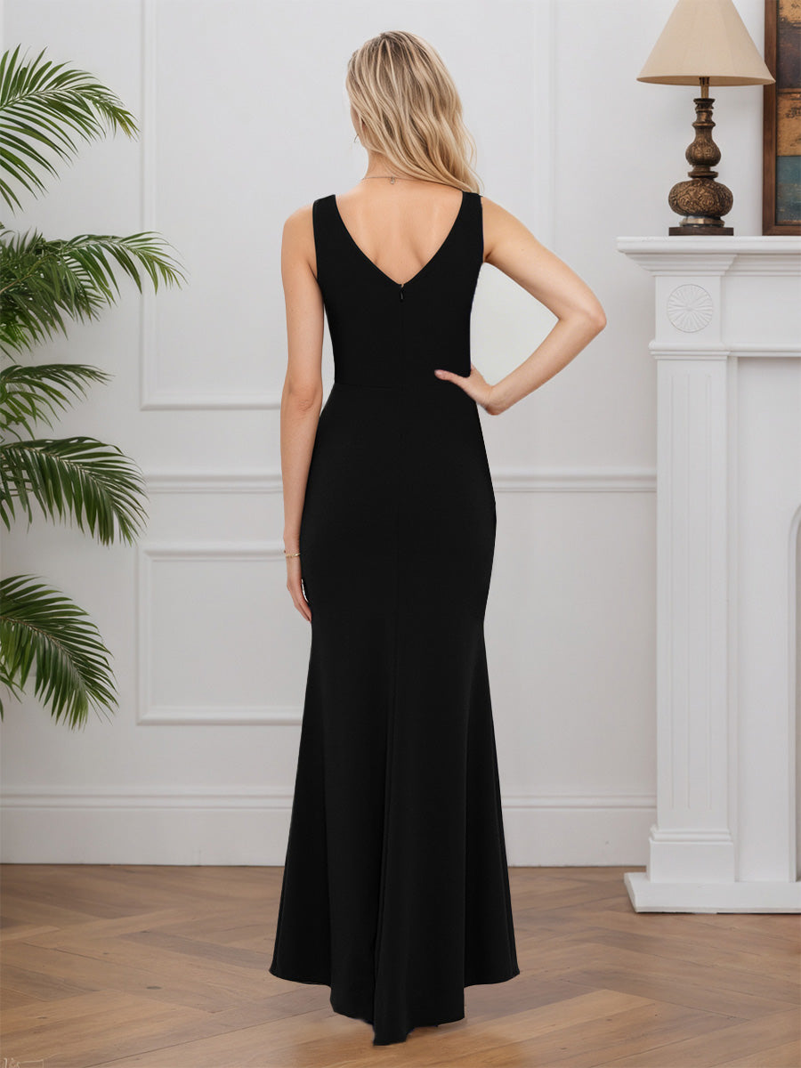Cicinia Noir Robe pour Mère de la Mariée Longue en Tissu Extensible Sheath Fente Traîne Balayée