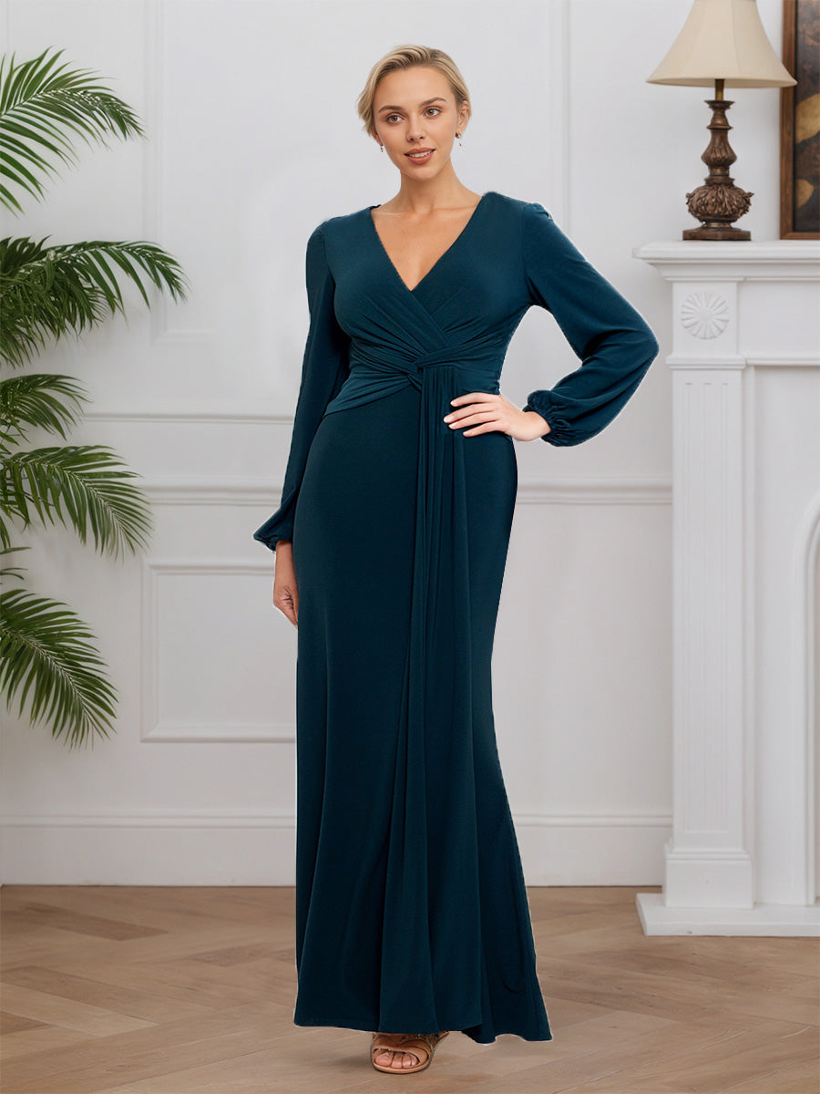 Cicinia Paon Robe pour Mère de la Mariée Longue en Tissu Extensible Sheath Décolleté en V Manches Longues