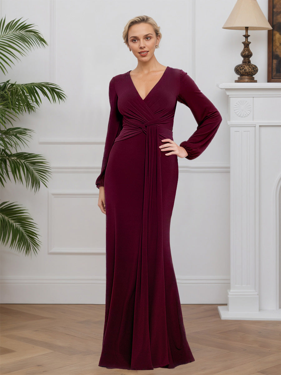 Cicinia BORDEAUX Robe pour Mère de la Mariée Longue en Tissu Extensible Sheath Décolleté en V Manches Longues