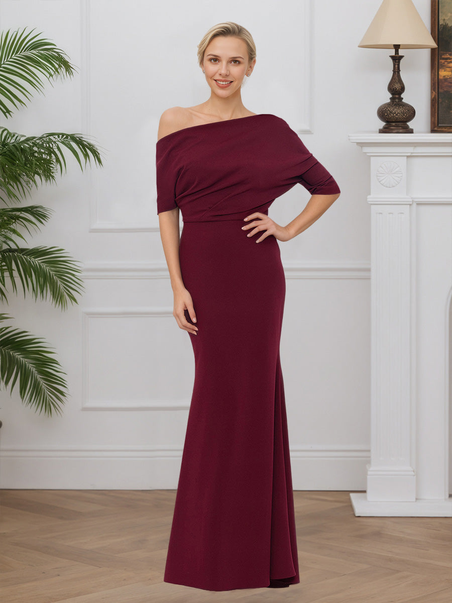Cicinia BORDEAUX Robe pour Mère de la Mariée Longue en Tissu Extensible Silhouette Sirène Encolure Asymétrique