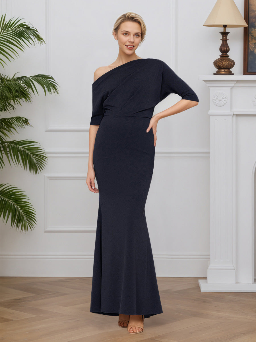 Cicinia Noir Robe pour Mère de la Mariée Longue en Tissu Extensible Silhouette Sirène Encolure Asymétrique