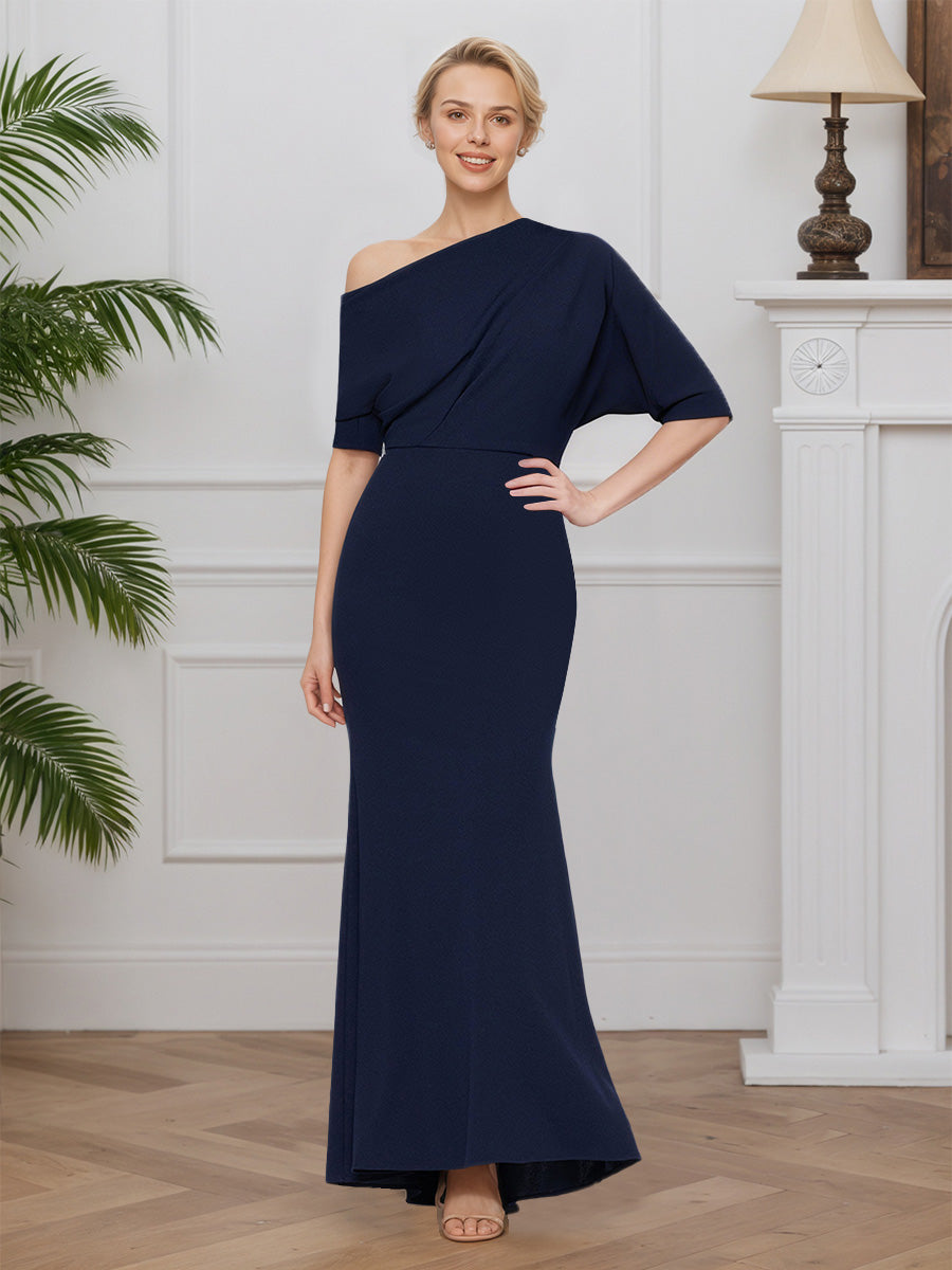Cicinia BLEU_MARINE Robe pour Mère de la Mariée Longue en Tissu Extensible Silhouette Sirène Encolure Asymétrique