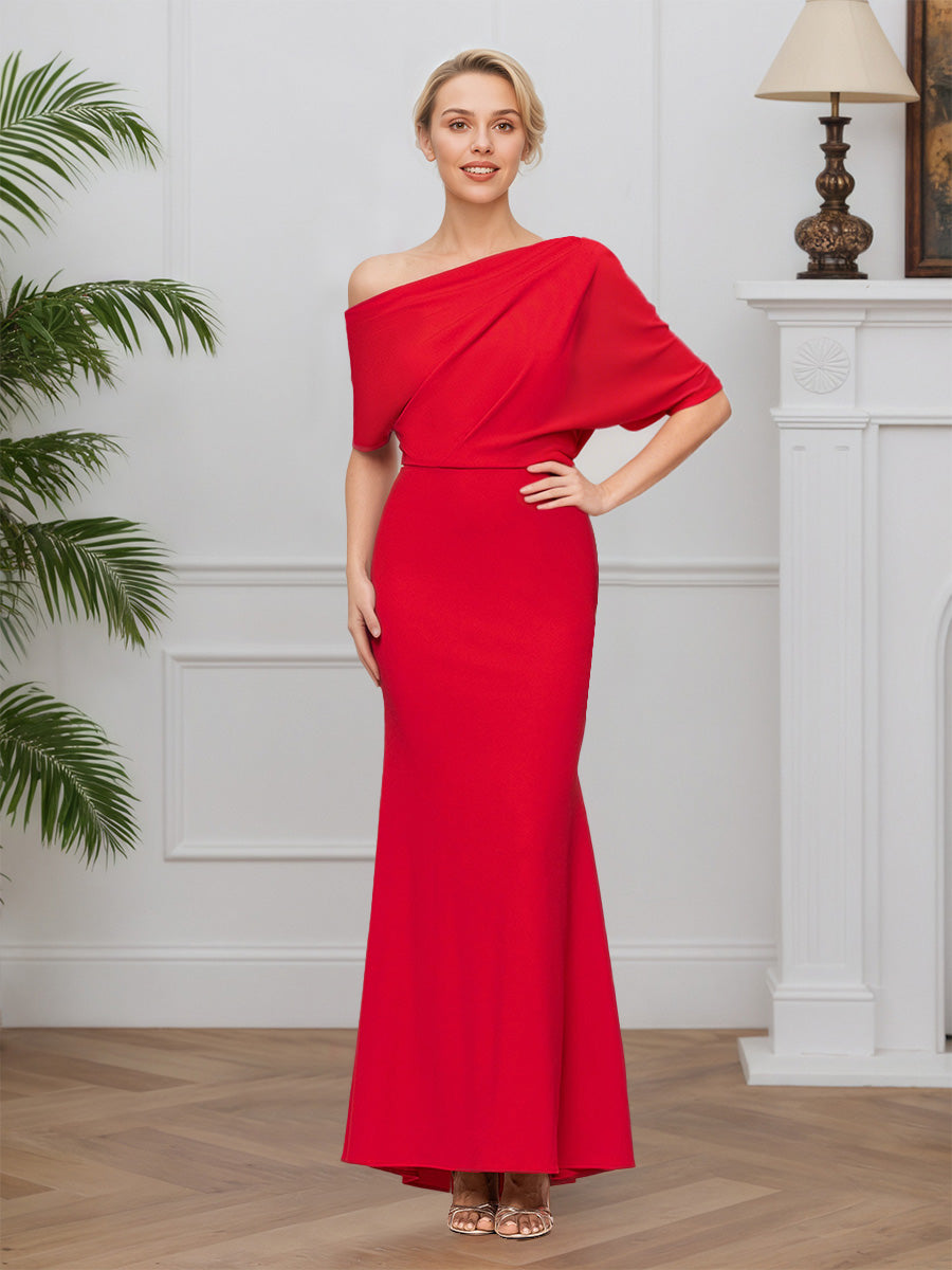 Cicinia Rouge Robe pour Mère de la Mariée Longue en Tissu Extensible Silhouette Sirène Encolure Asymétrique