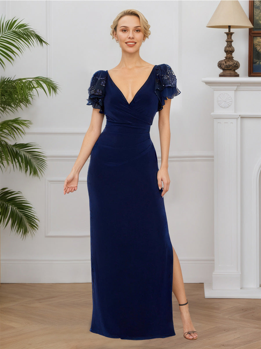 Cicinia Bleu Marine Robe pour Mère de la Mariée Longue en Dentelle et Tissu Extensible Sheath Décolleté en V