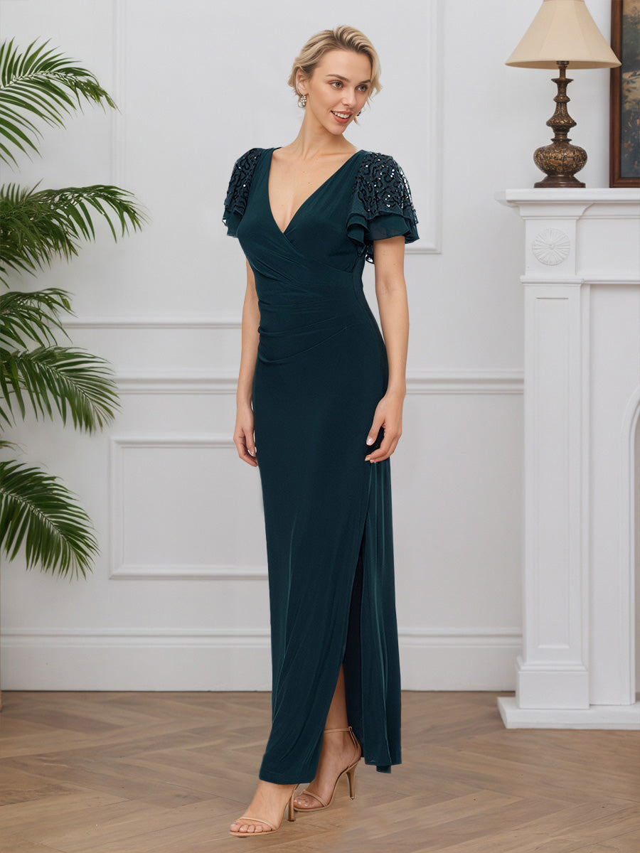 Cicinia PAON Robe pour Mère de la Mariée Longue en Dentelle et Tissu Extensible Sheath Décolleté en V